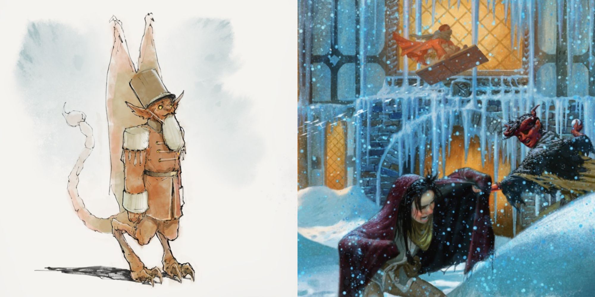 An Imp dressed as a toy soldier (left), children at play: a Tiefling and human child in a snowball fight and a child flying through the air in a sled in the background (right)
