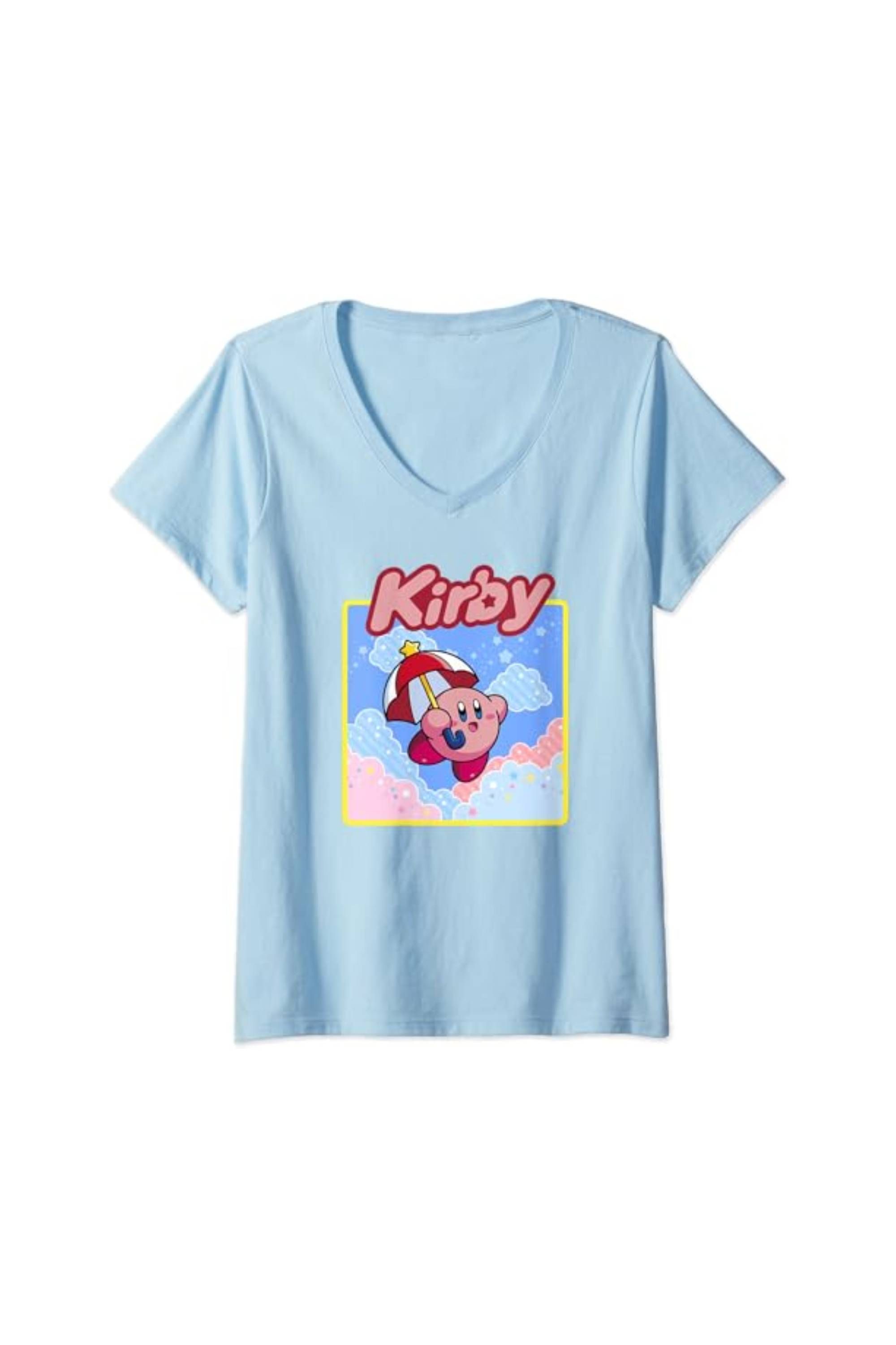 Womens Nintendo Kirby Umbrella Floating In The Clouds Poster V-Neck T-Shirt