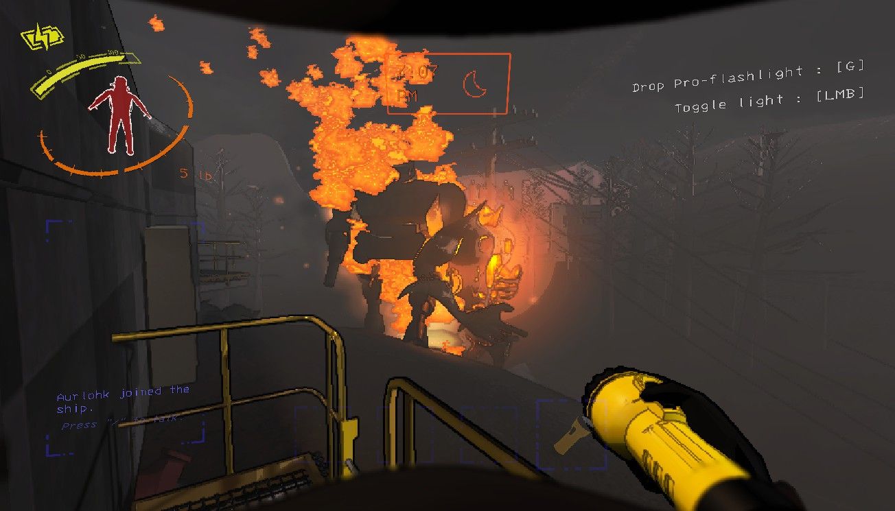 Player employee watching an Old Bird fire missiles at a nearby Forest Keeper in Lethal Company.