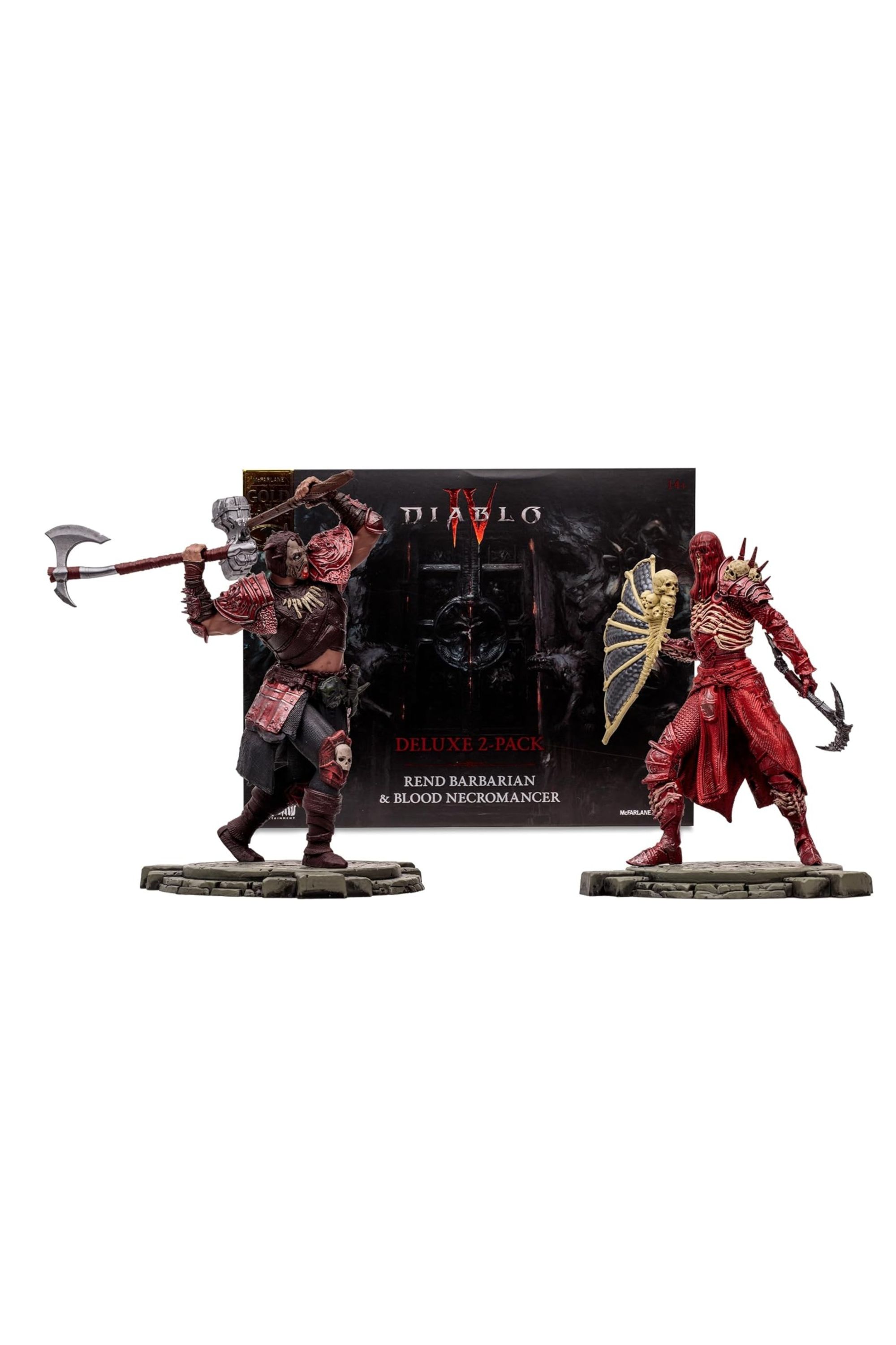 A promotional image for the McFarlane Toys pack of two Diablo IV figures.