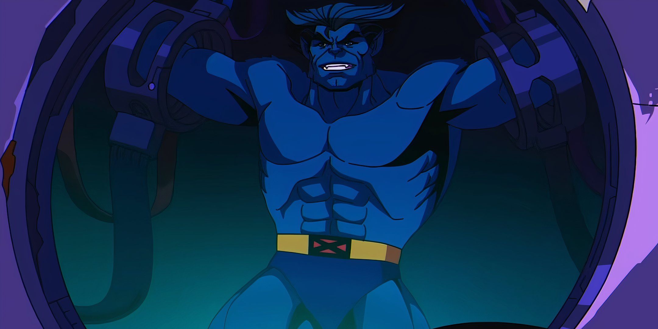 Beast trapped with his arms and legs in a machine - X-Men