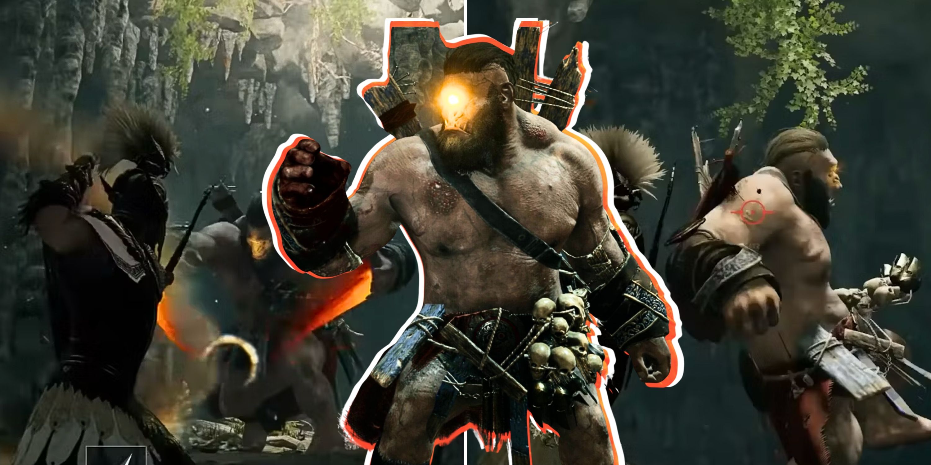 Collage image of player facing off against cyclops in Assassins Creed Odysey