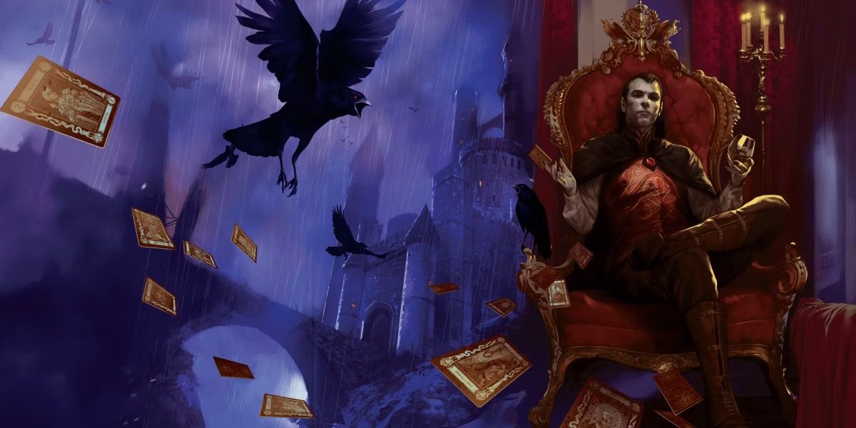 Strahd sitting in his throne, a castle in the background. Cards and ravens fly through the air