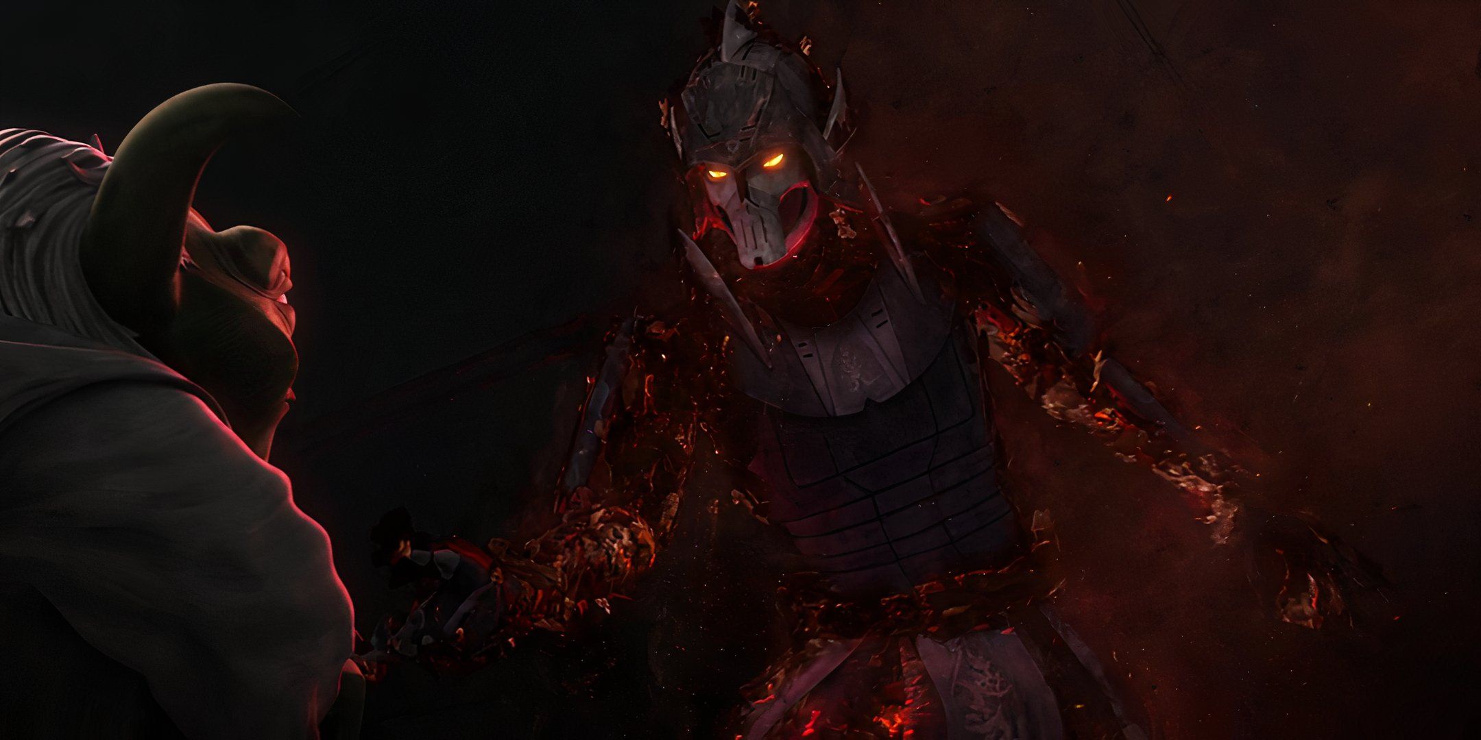Ghost of Dark Bane reaching out toward Yoda in The Clone Wars