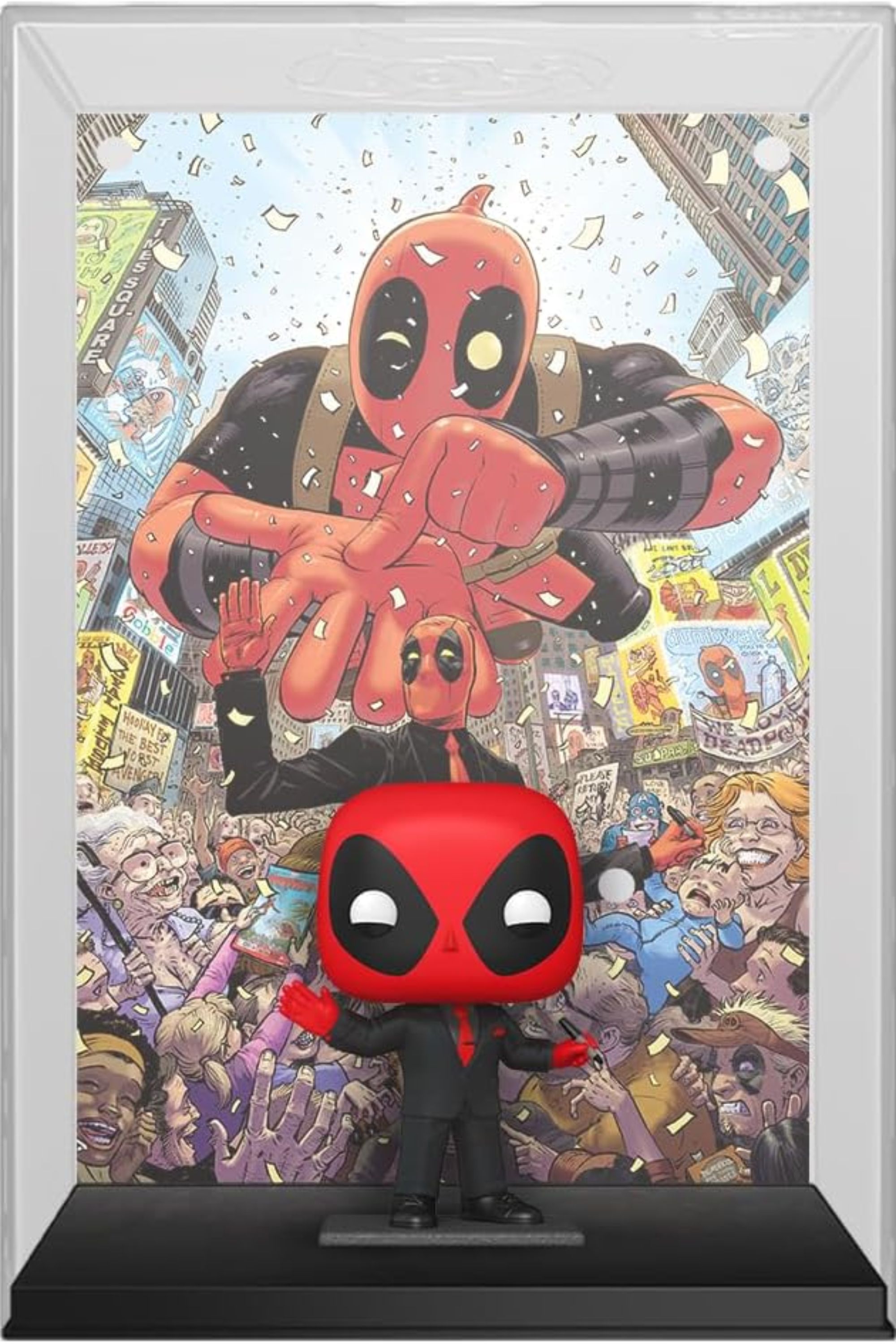 Deadpool In Black Suit Funko Pop! standing in front of issue one of Deadpool: World’s Greatest Comic Magazine Comic Cover