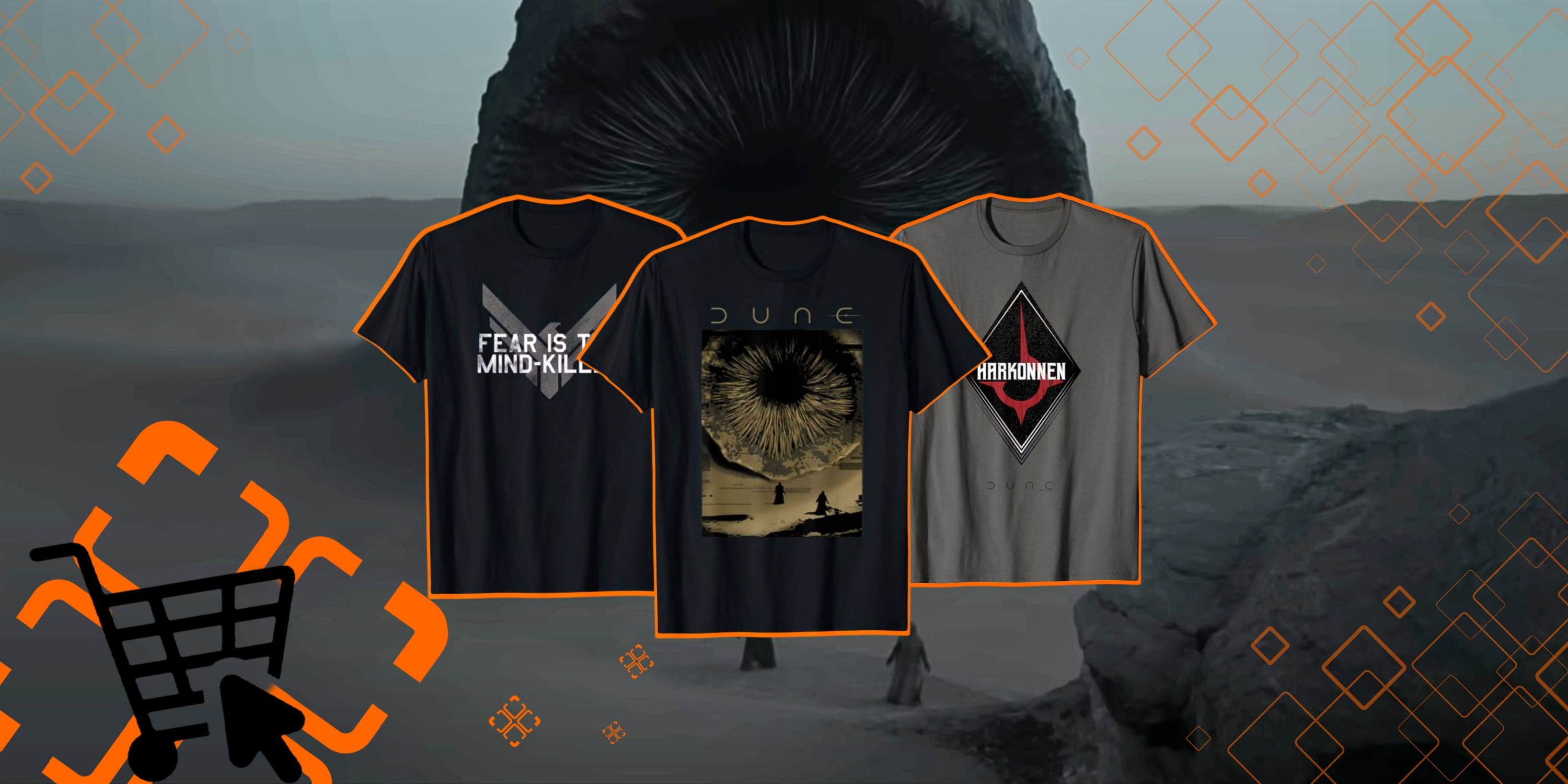 Collage image showing three Dune movie themed t-shirts posed over sand worm screenshot from Dune trailer