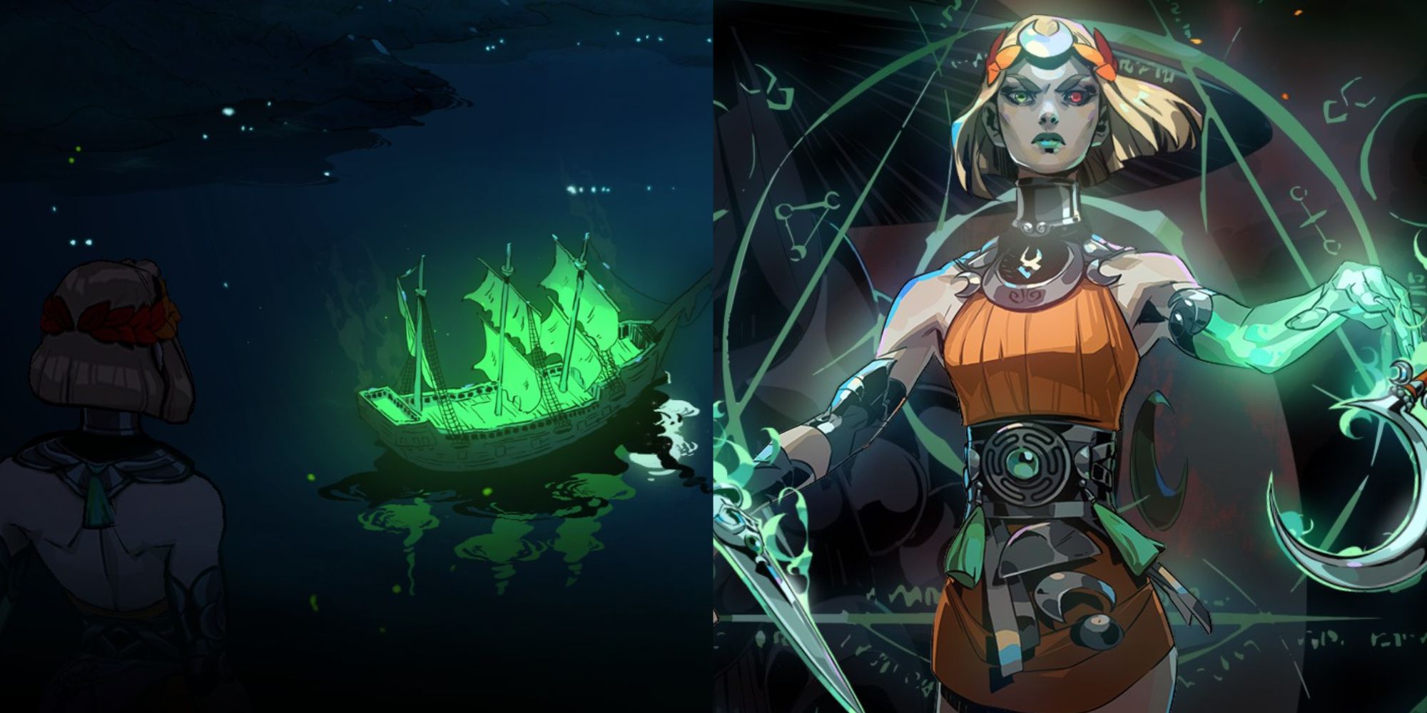 Featured image, Melinoe looking at a ghost ship on the surface and melinoe on the title page