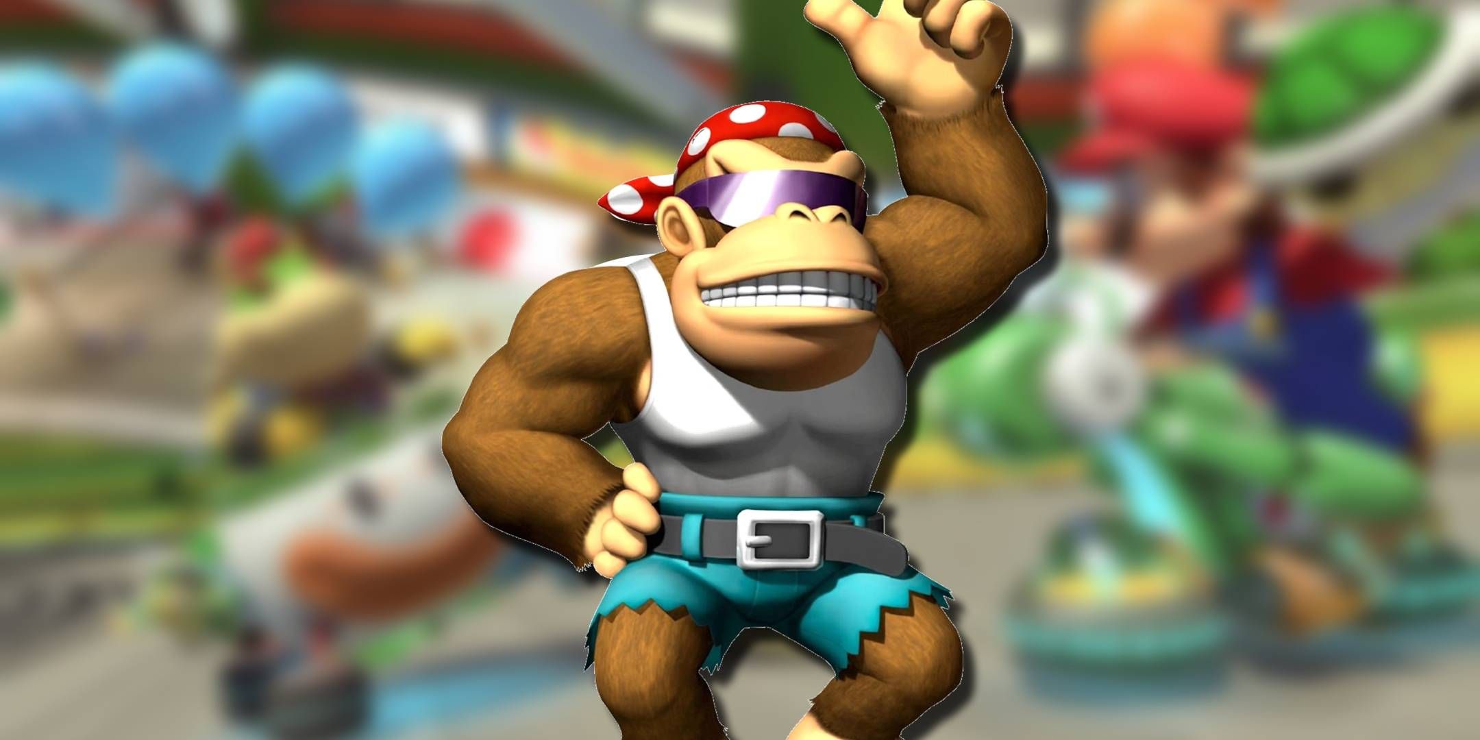 Funky Kong in front of a blurred image from Mario Kart 8