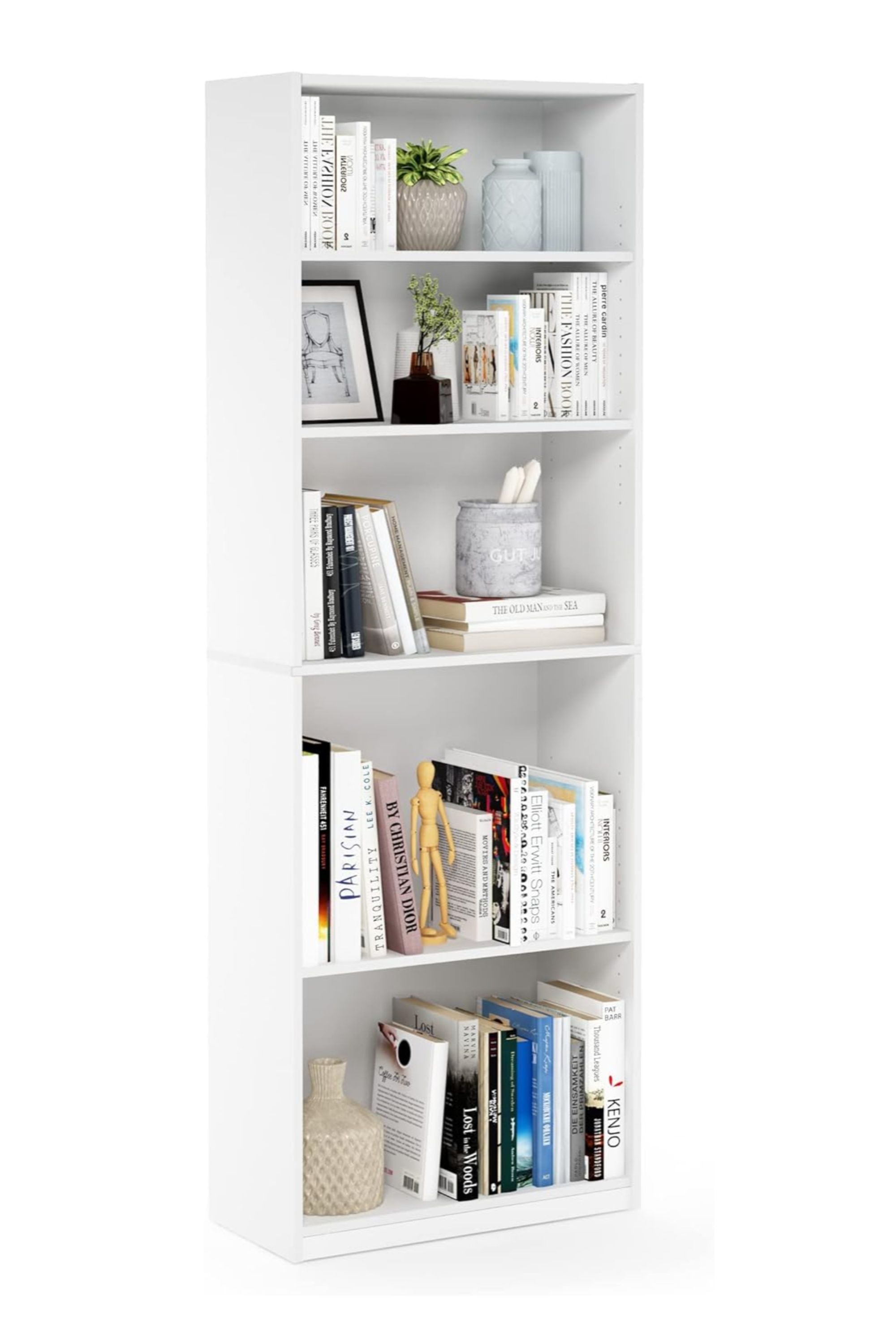 A promotional image for the FURINNO JAYA 5-tier bookshelf.