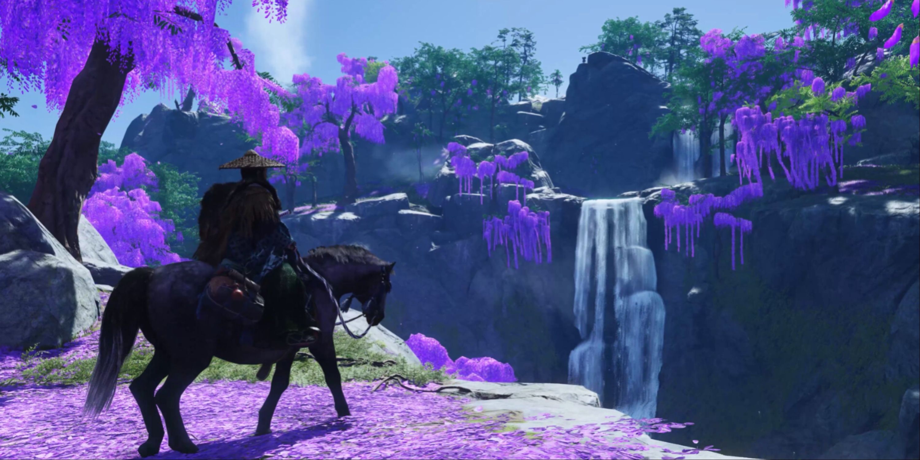 Ghost Of Tsushima - Jin Sakai Going Toward A Waterfall On Horseback Surrounded By Purple Vegetation.