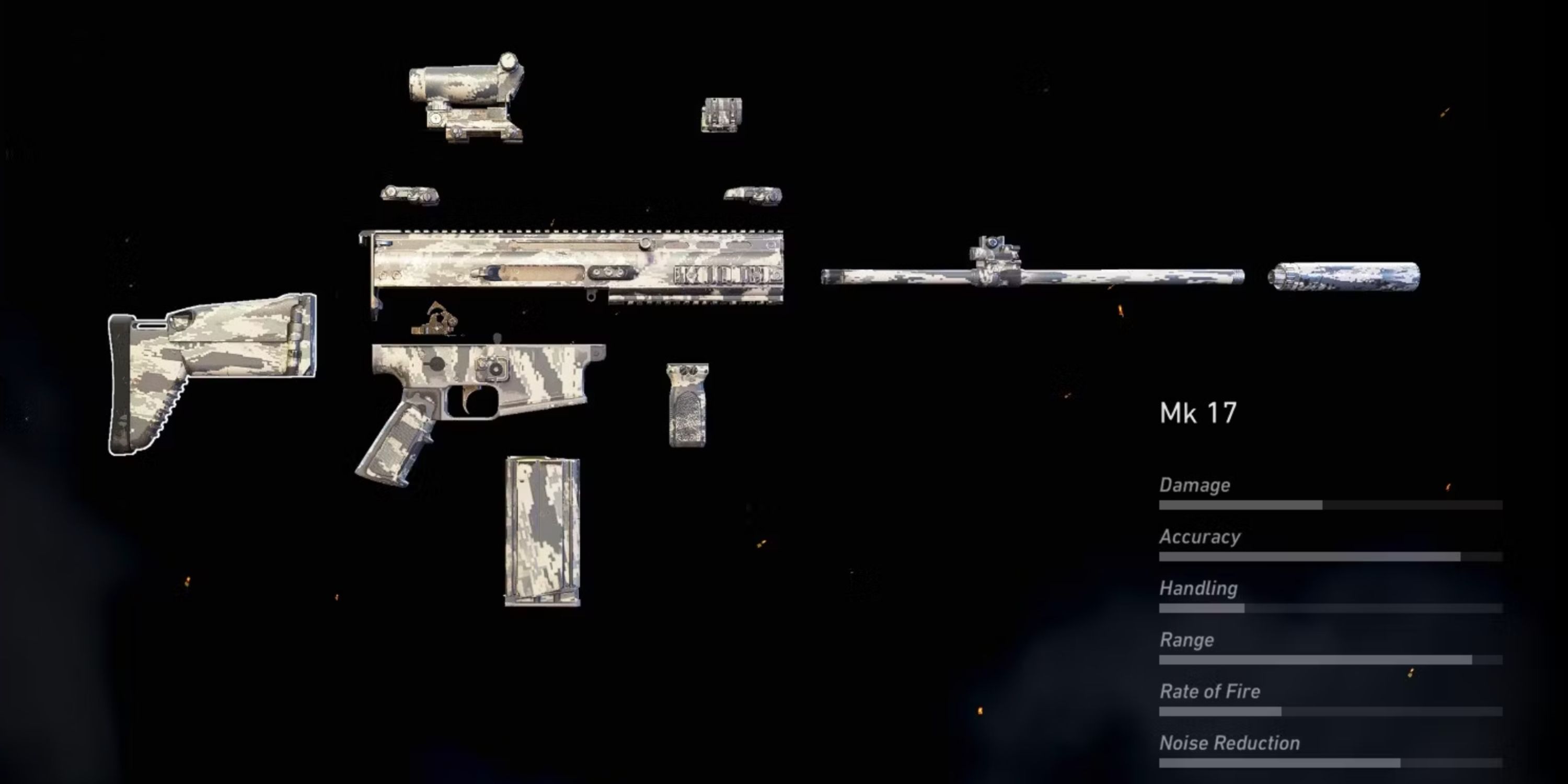 Ghost Recon_ Wildlands Mk 17 Rifle broken into parts With Stats Overlay