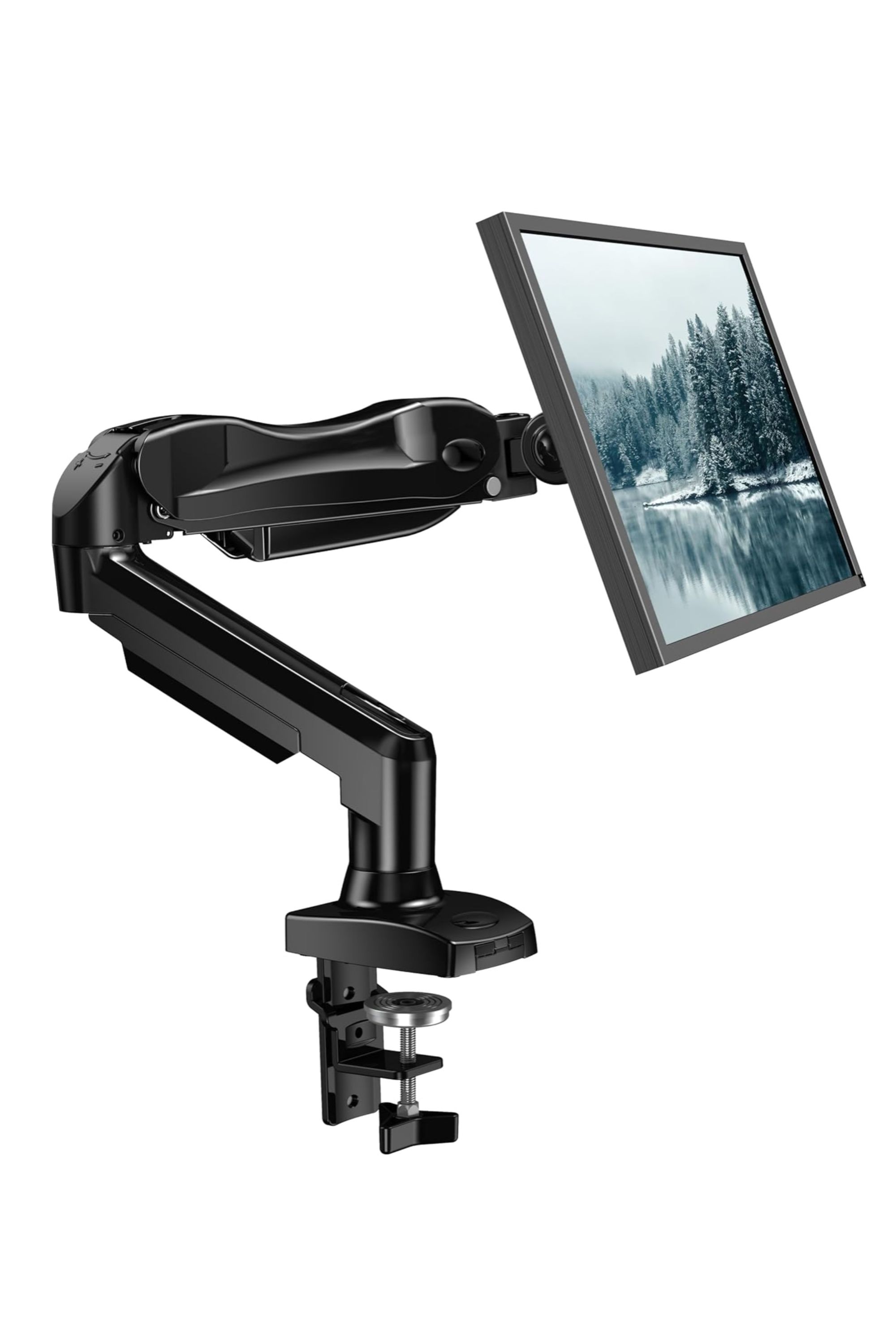 A promotional image for the HUANUO single monitor mount monitor arm on a white background.