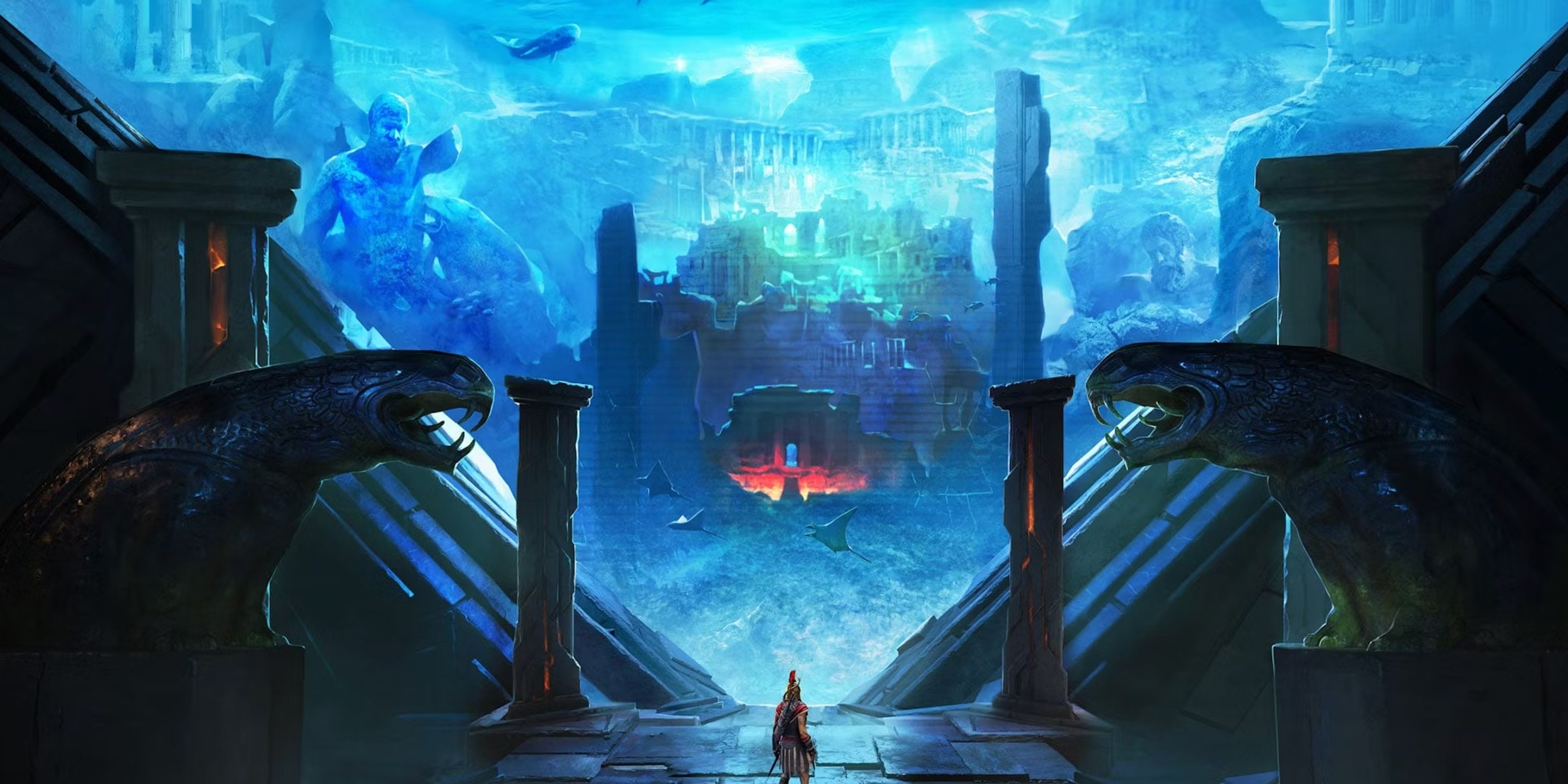 Key art of player at the entrance of atlantis from Assassin's Creed Odyssey