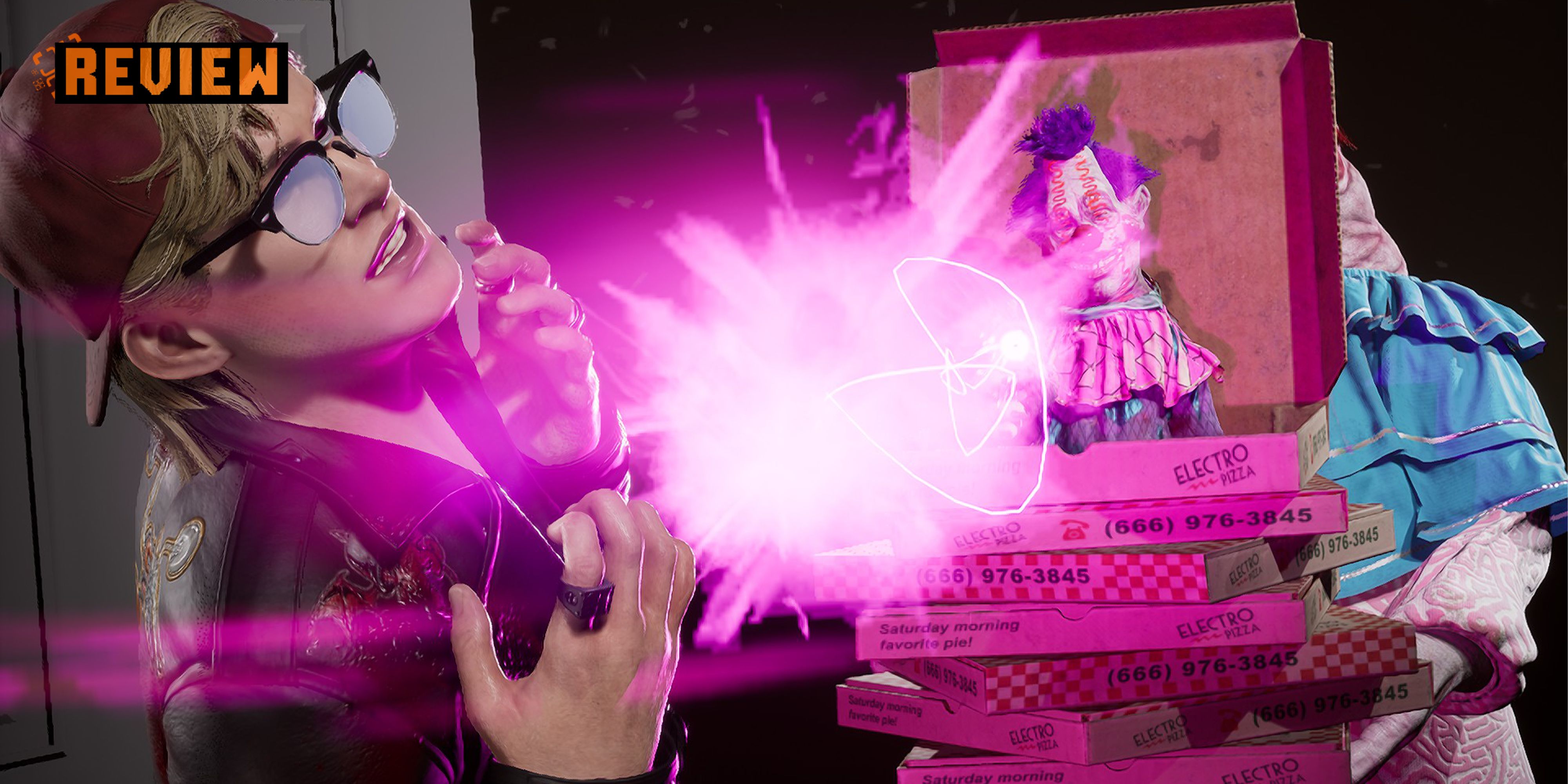 Killer Klowns firing a ray gun at a survivor from pizza boxes