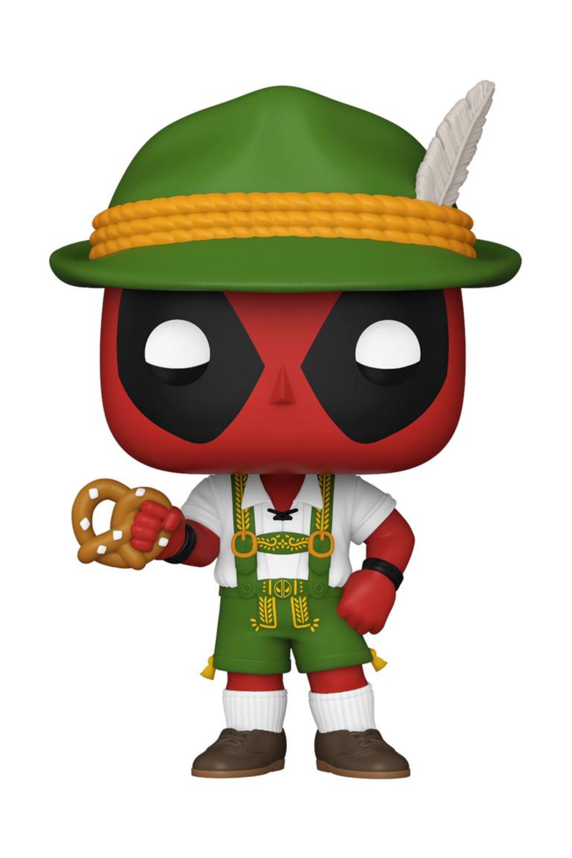 Deadpool Funko Pop! wearing Lederhosen and holding a pretzel