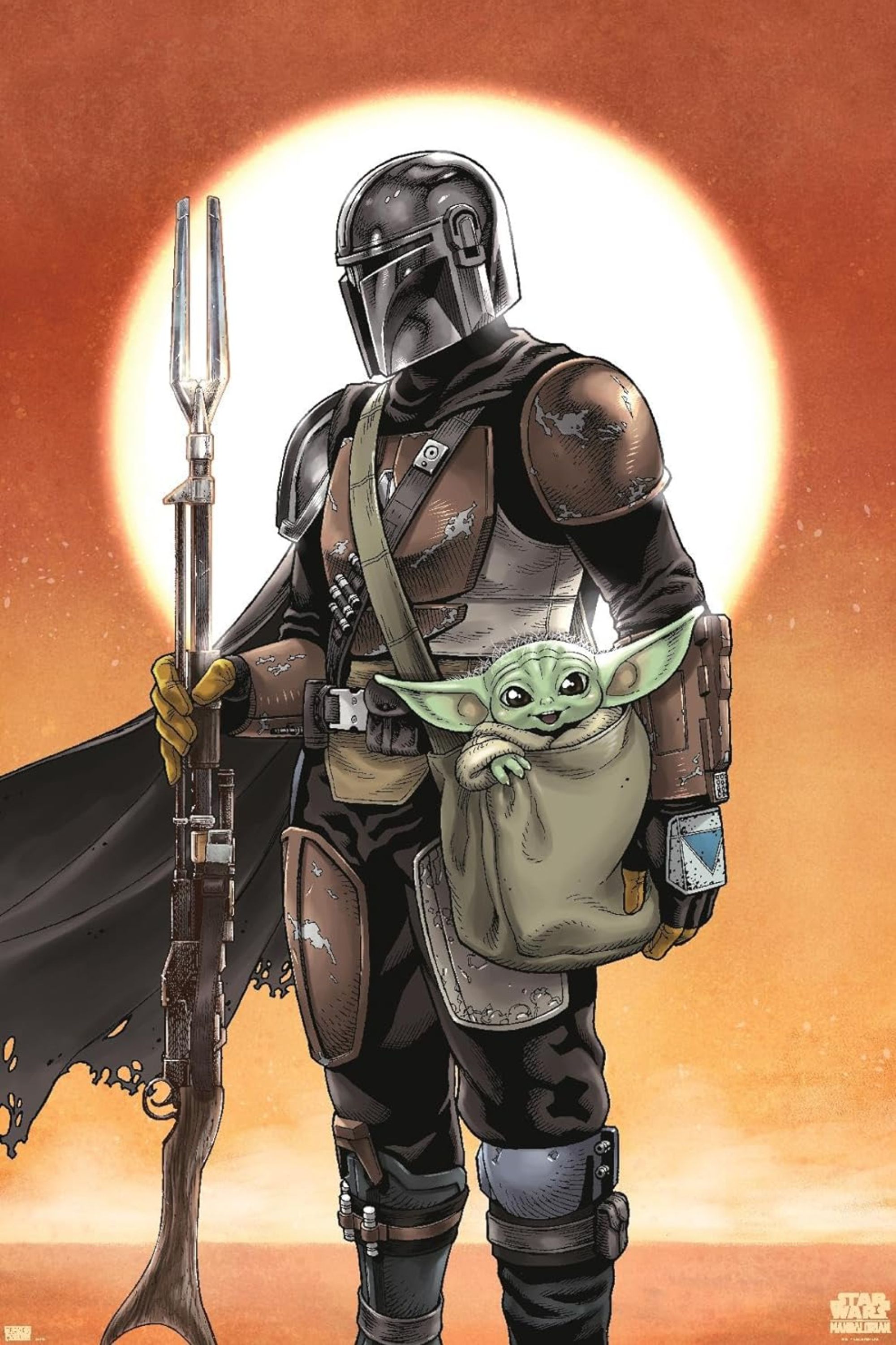 Mandalorian Poster Din Djarin With Grogu In His Bag