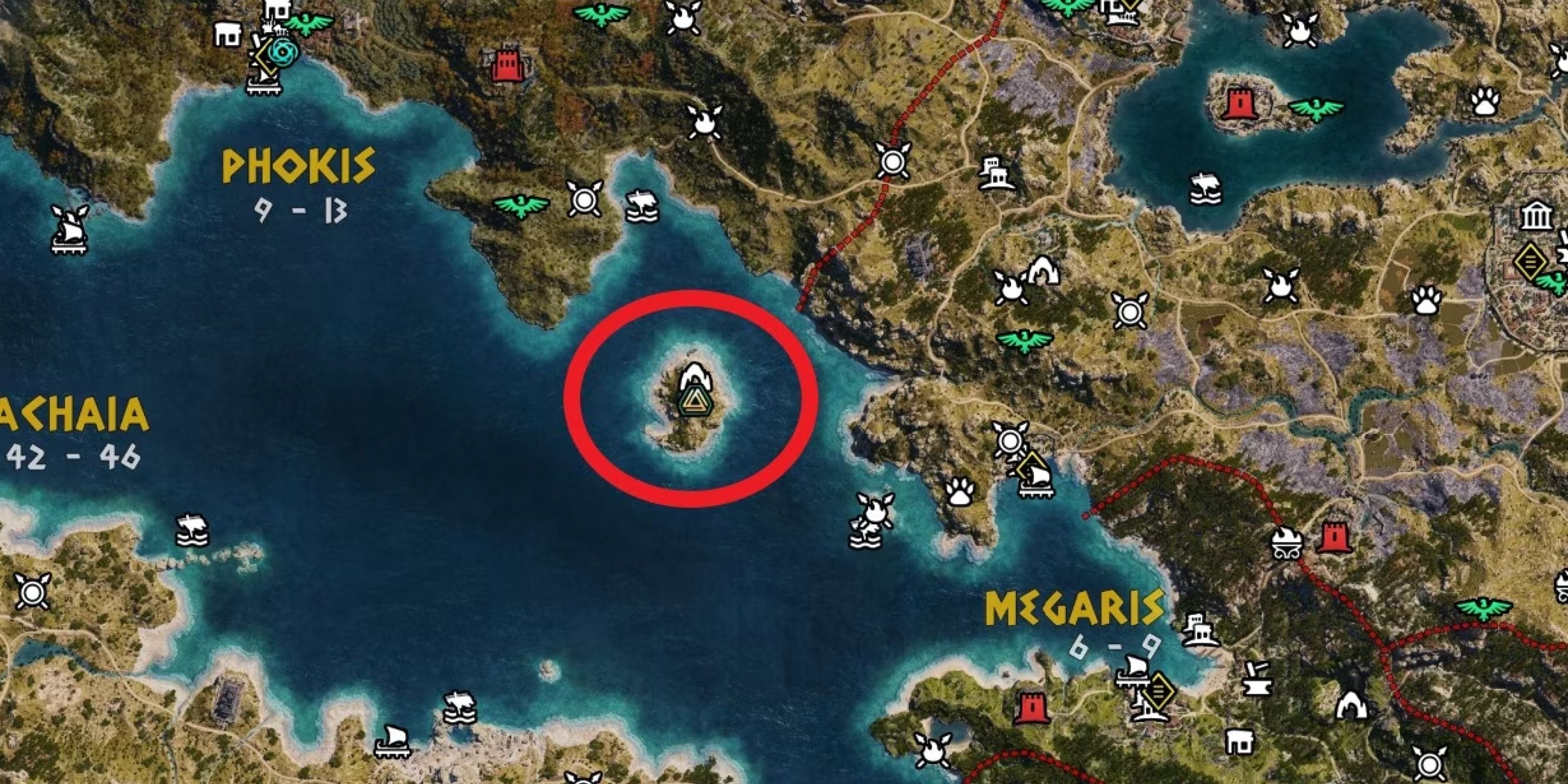 map with The Isle Of Thisvi circled from Assassin's Creed Odyssey