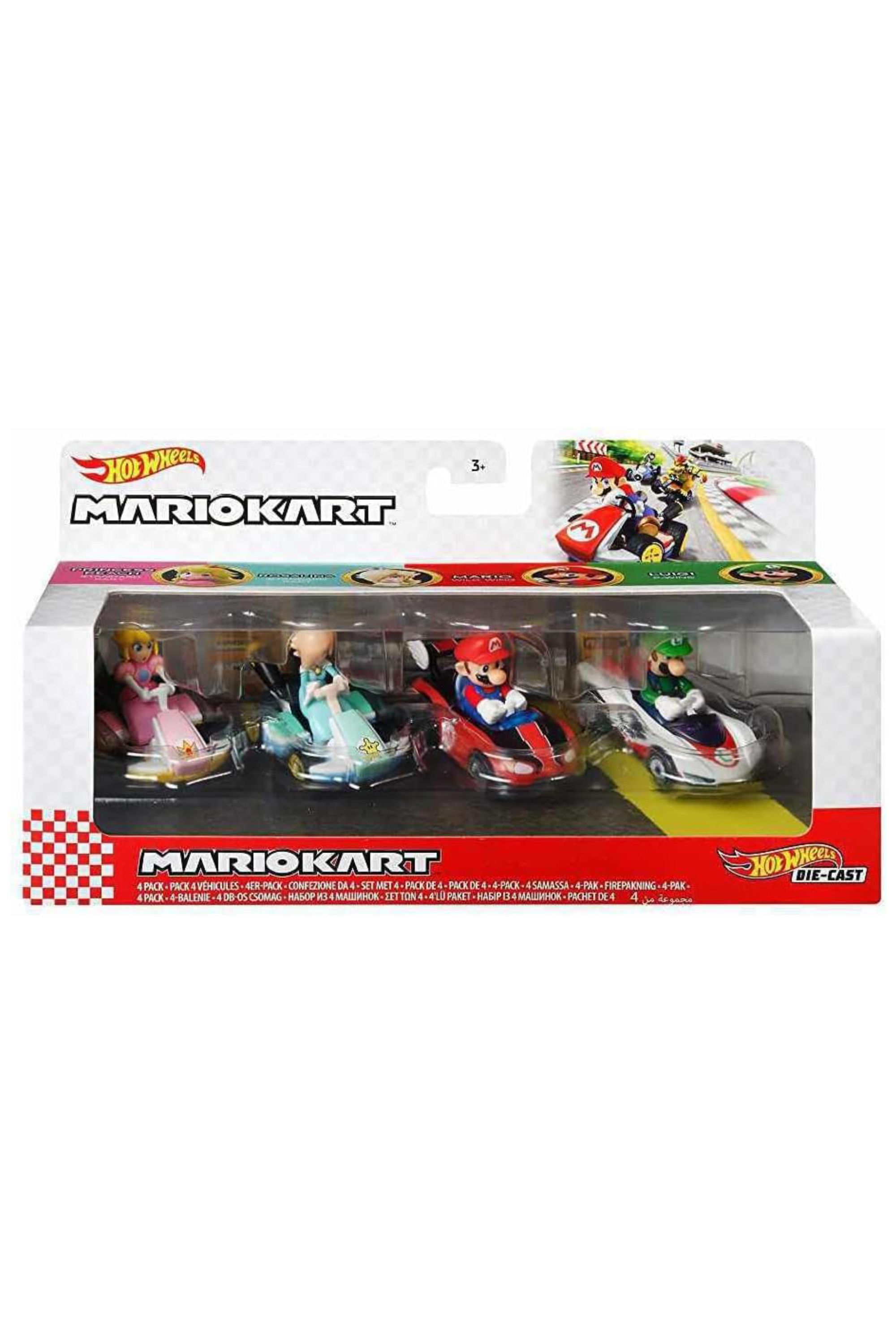 Mario Kart 4-Pack Hot Wheels Cars Princess Peach, Rosalina, Mario, and Luigi In Package