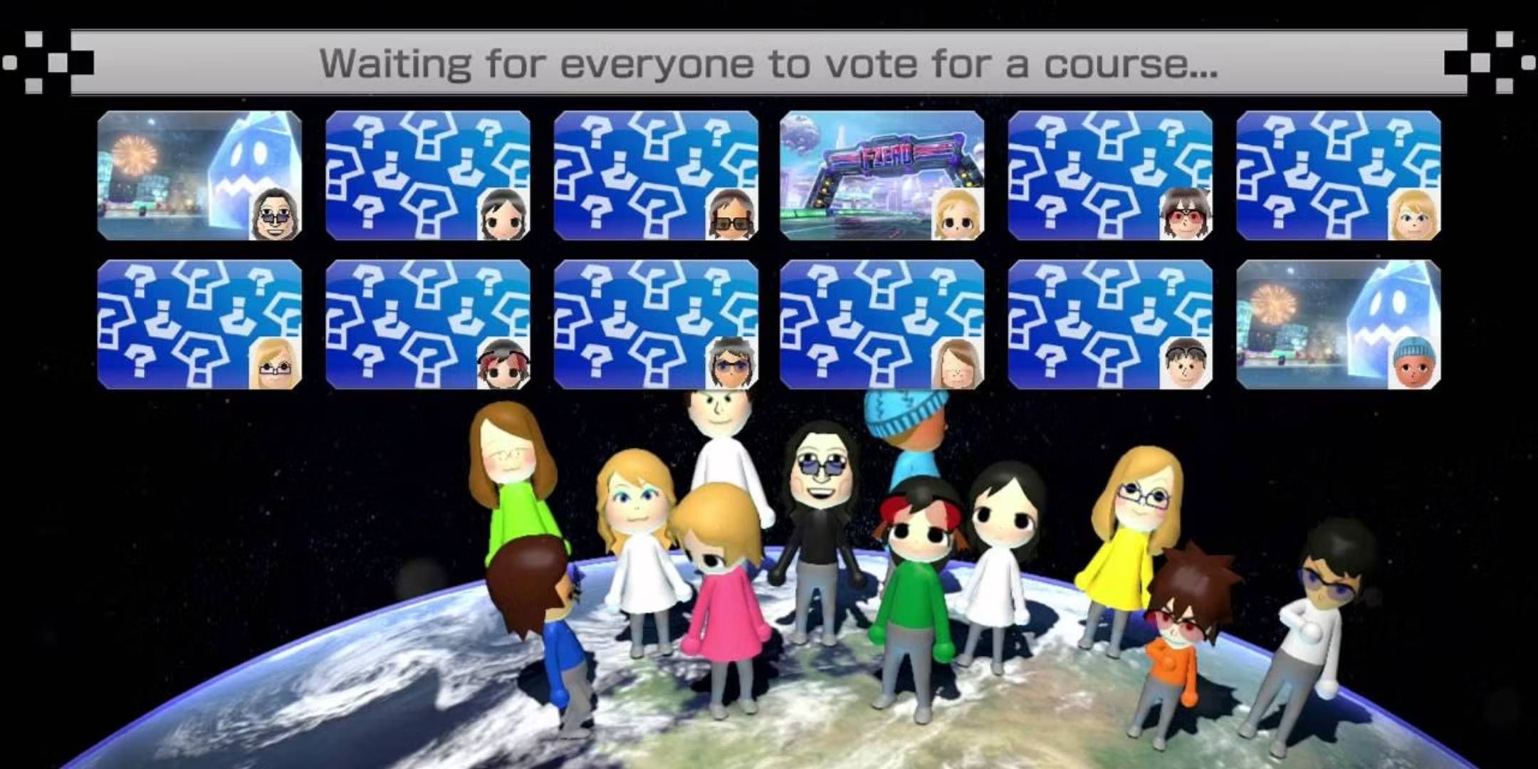 Mario Kart 8 online lobby with Mii characters walking around underneath