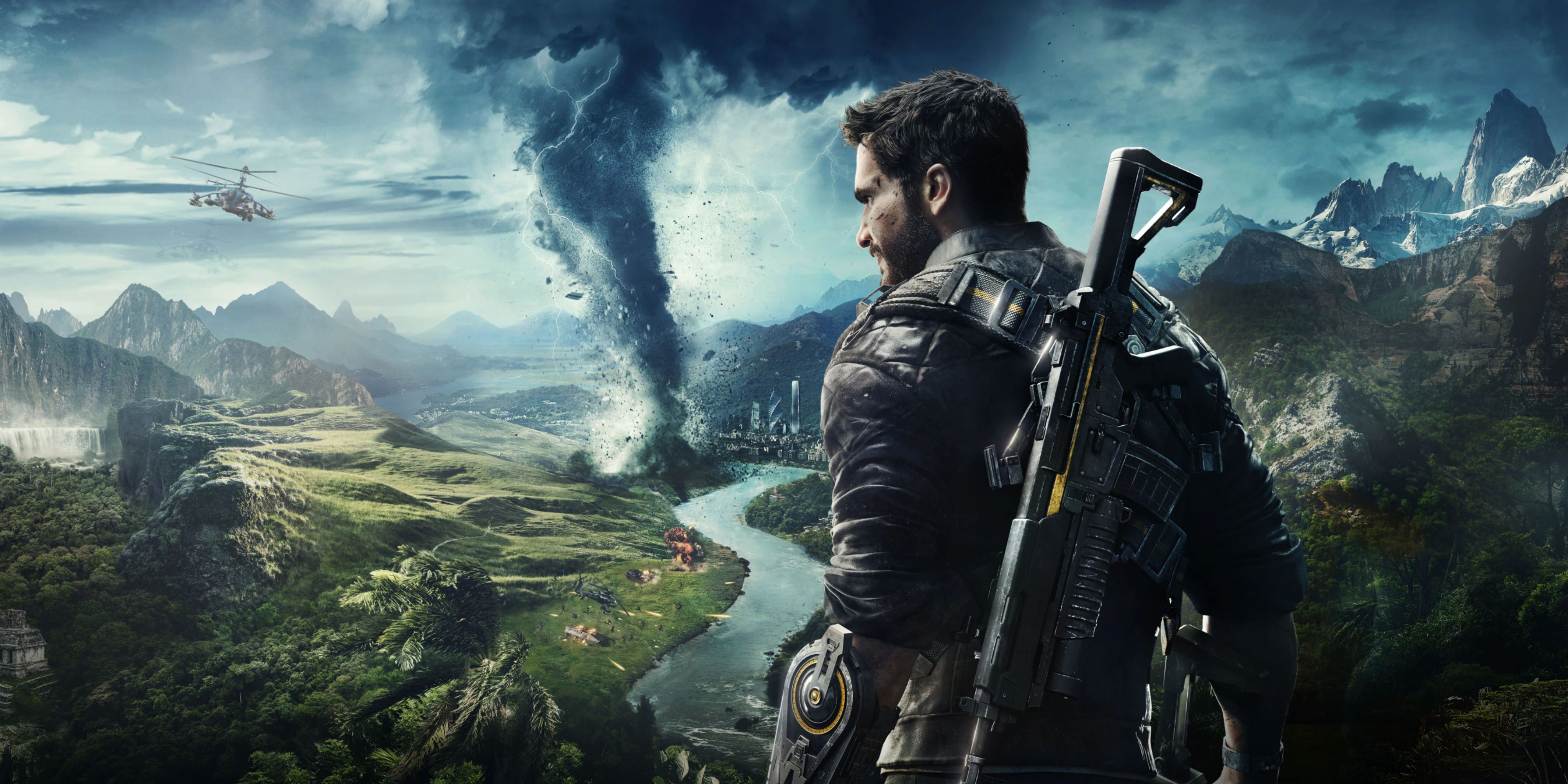 Rico Rodriguez on the cover of Just Cause 4 looking over a plains where a tornado is raging.