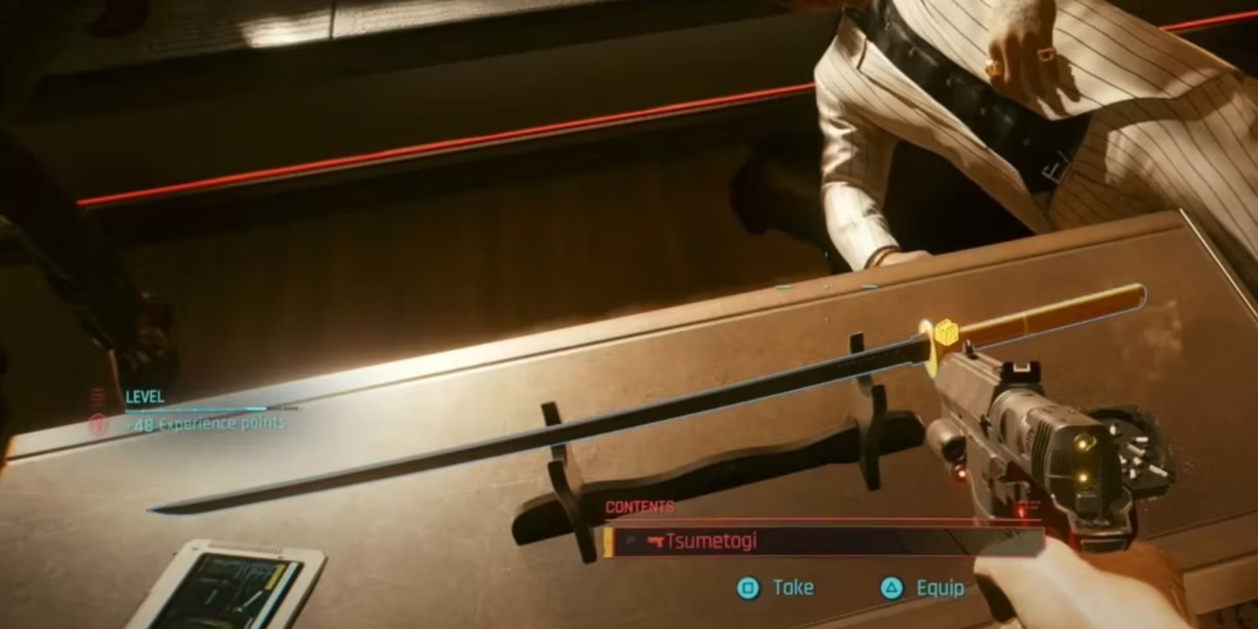 The Tsumetogi Katana resting on a display bracket in Cyberpunk 2077.