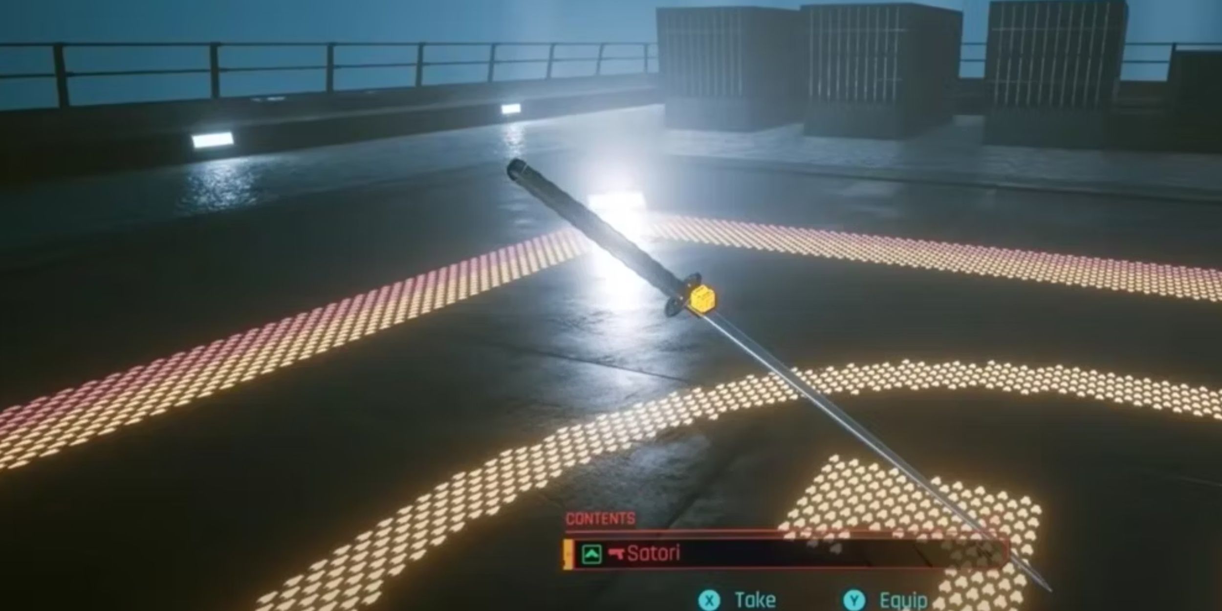 The Satori katana in Cyberpunk 2077, falling onto a helipad.