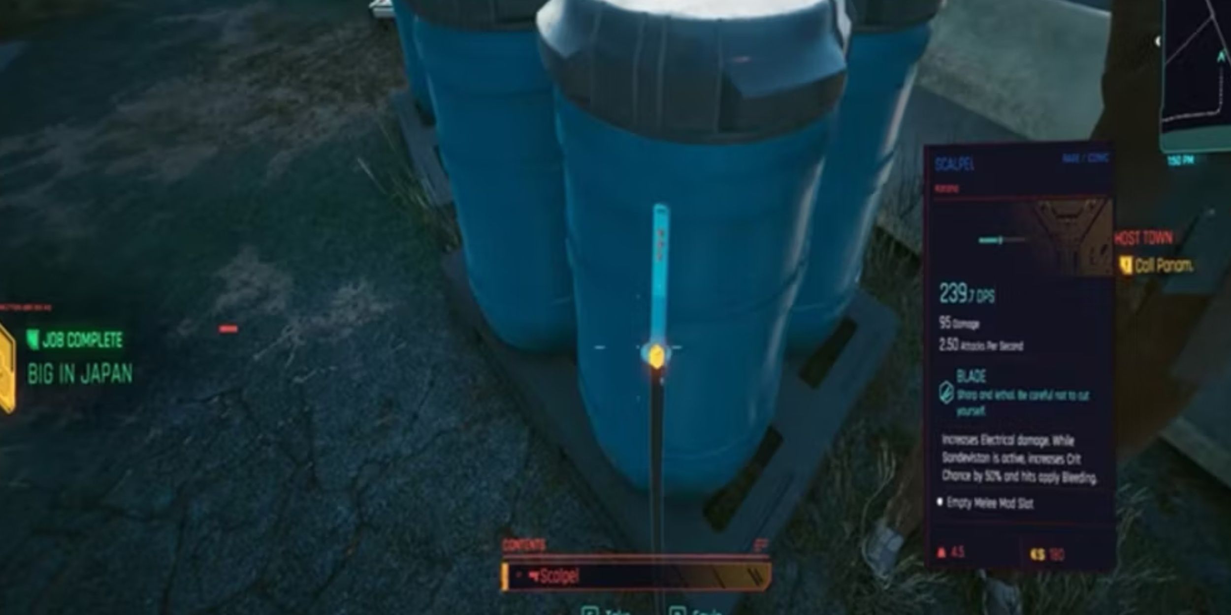 The Scalpel katana in Cyberpunk 2077, leaning against a barrel.