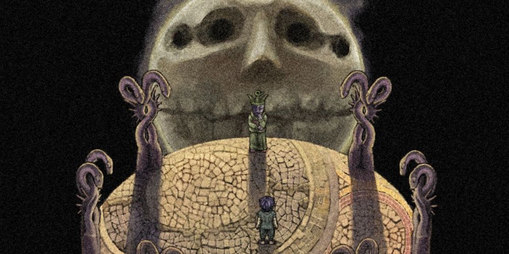On top of a tower, a jester stands in front of a giant moon god in Fear and Hunger 2.
