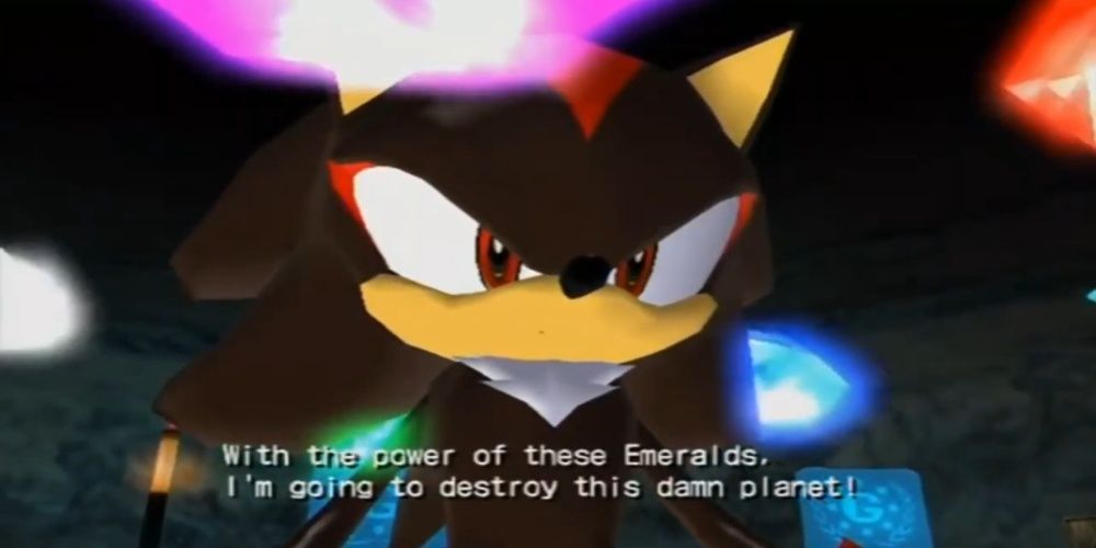 Shadow the Hedgehog surrounds himself with glowing gems as he swears on the planet.