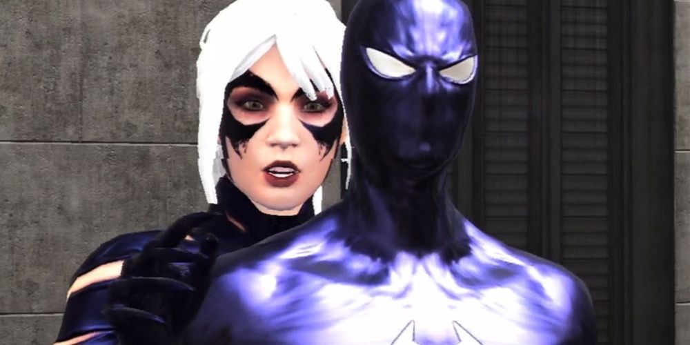 Black Cat holds Black Spider-Man from behind. 