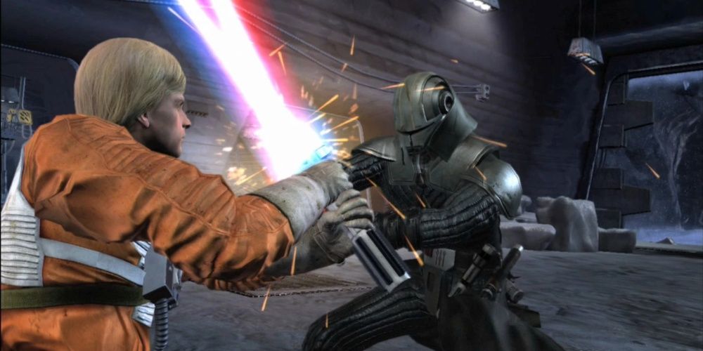Luke fights the evil Starkiller with lightsabers in Star Wars: Ultimate