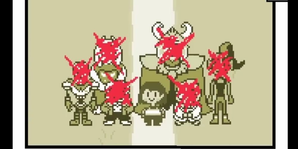 A boy smiles along with a group of people with their faces scratched out in Undertale.