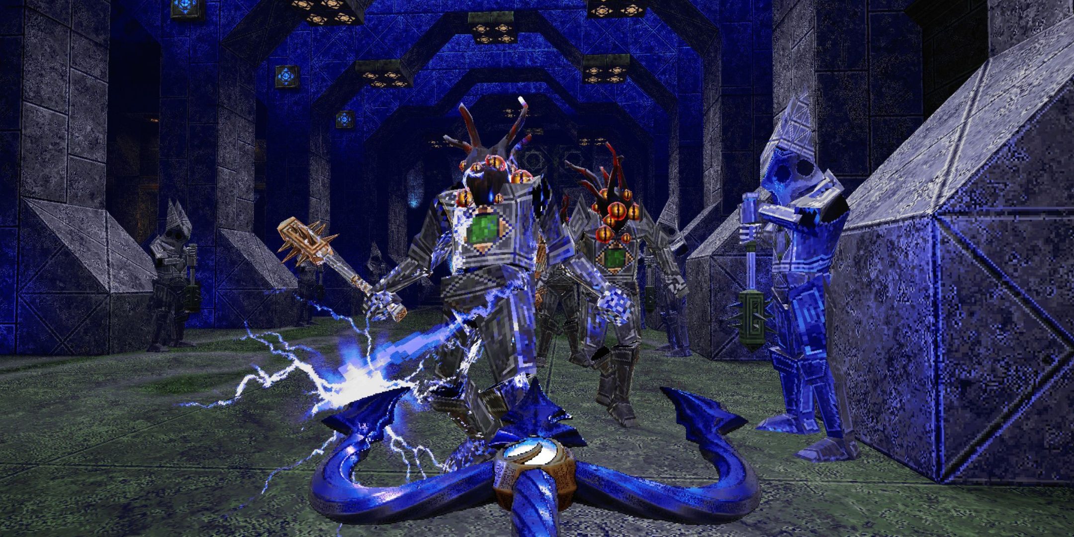 The Trident firing upon enemies in Amid Evil