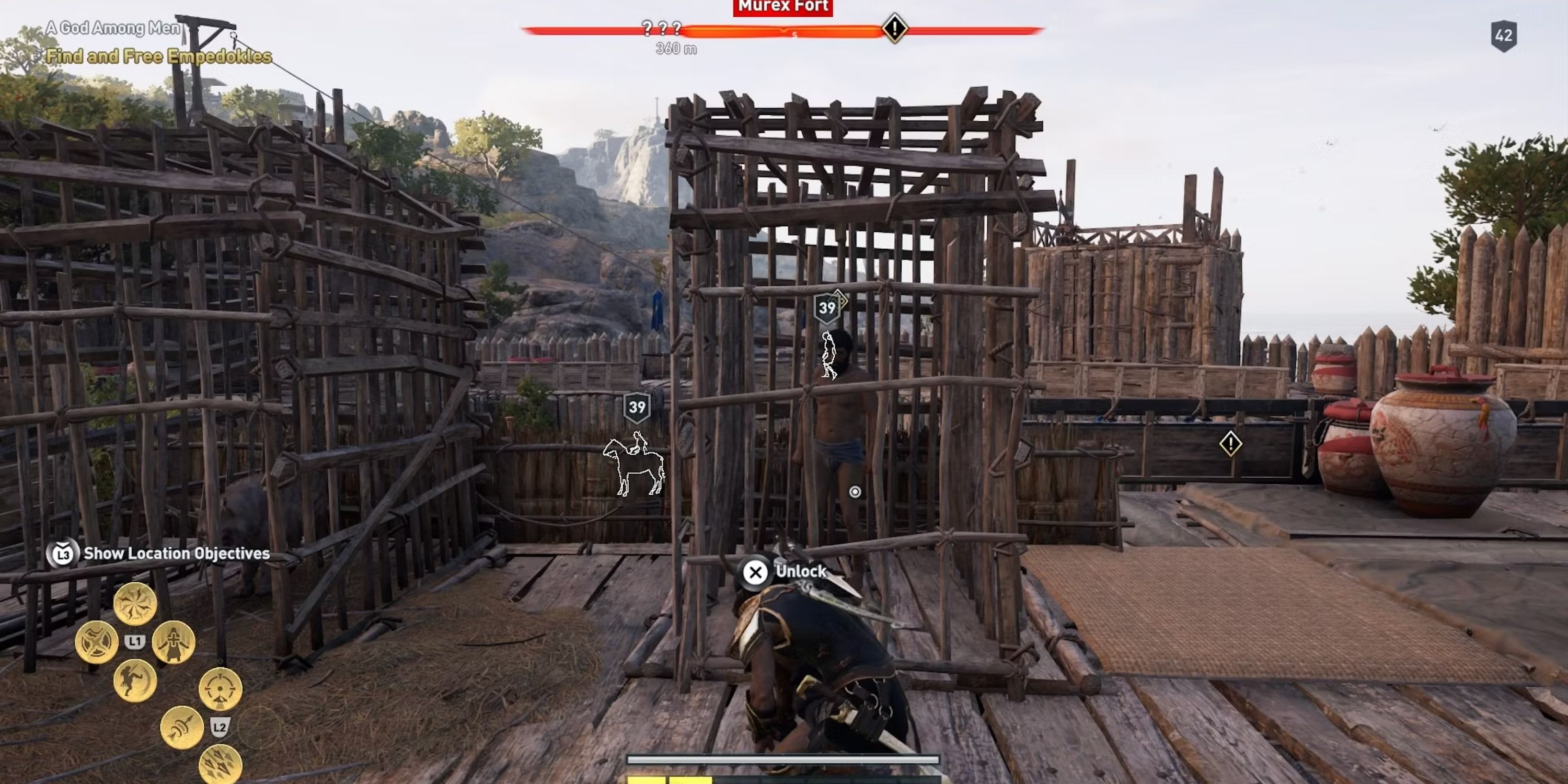 Player rescuing NPC from a cage in Assassin's Creed Odyssey