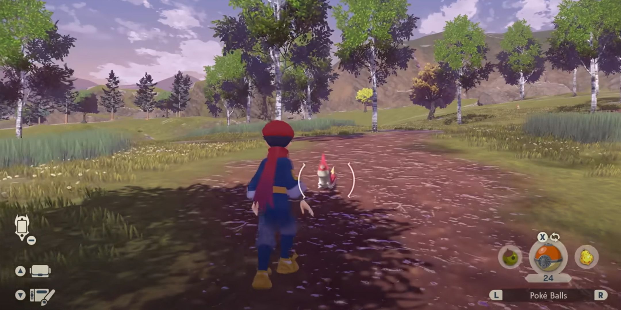 The trainer approaching a Wurmple in Pokemon Legends: Arceus.