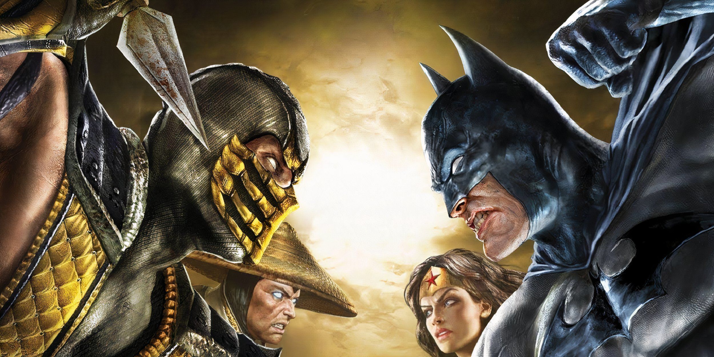 Scorpion and Raiden face down Batman and Wonder Woman