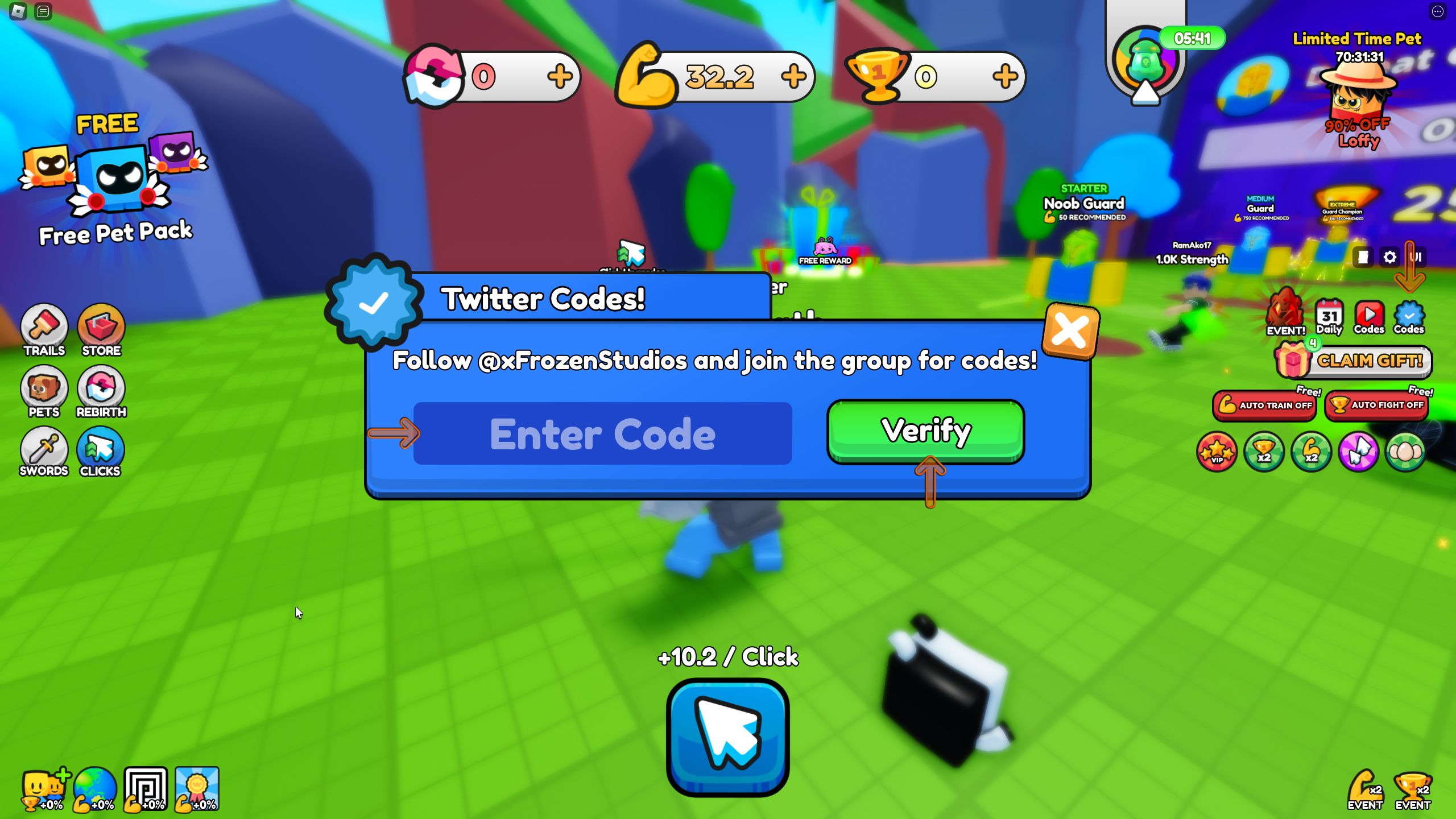 the twitter codes field is open in Extalia Simulator on Roblox