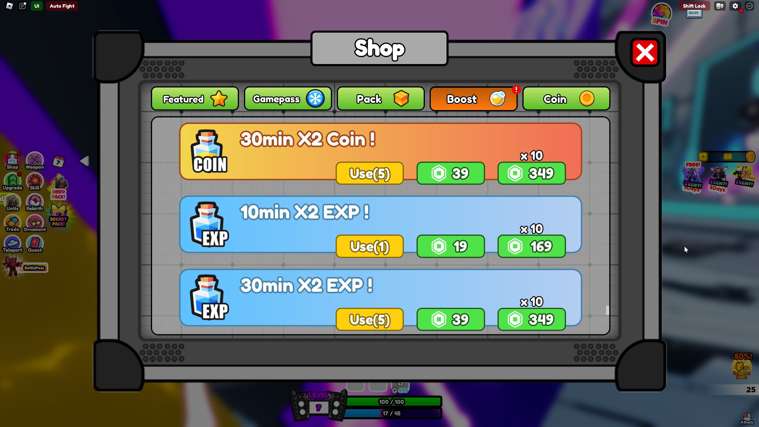 the boost section in the shop panel in Skibidi Warriors on Roblox