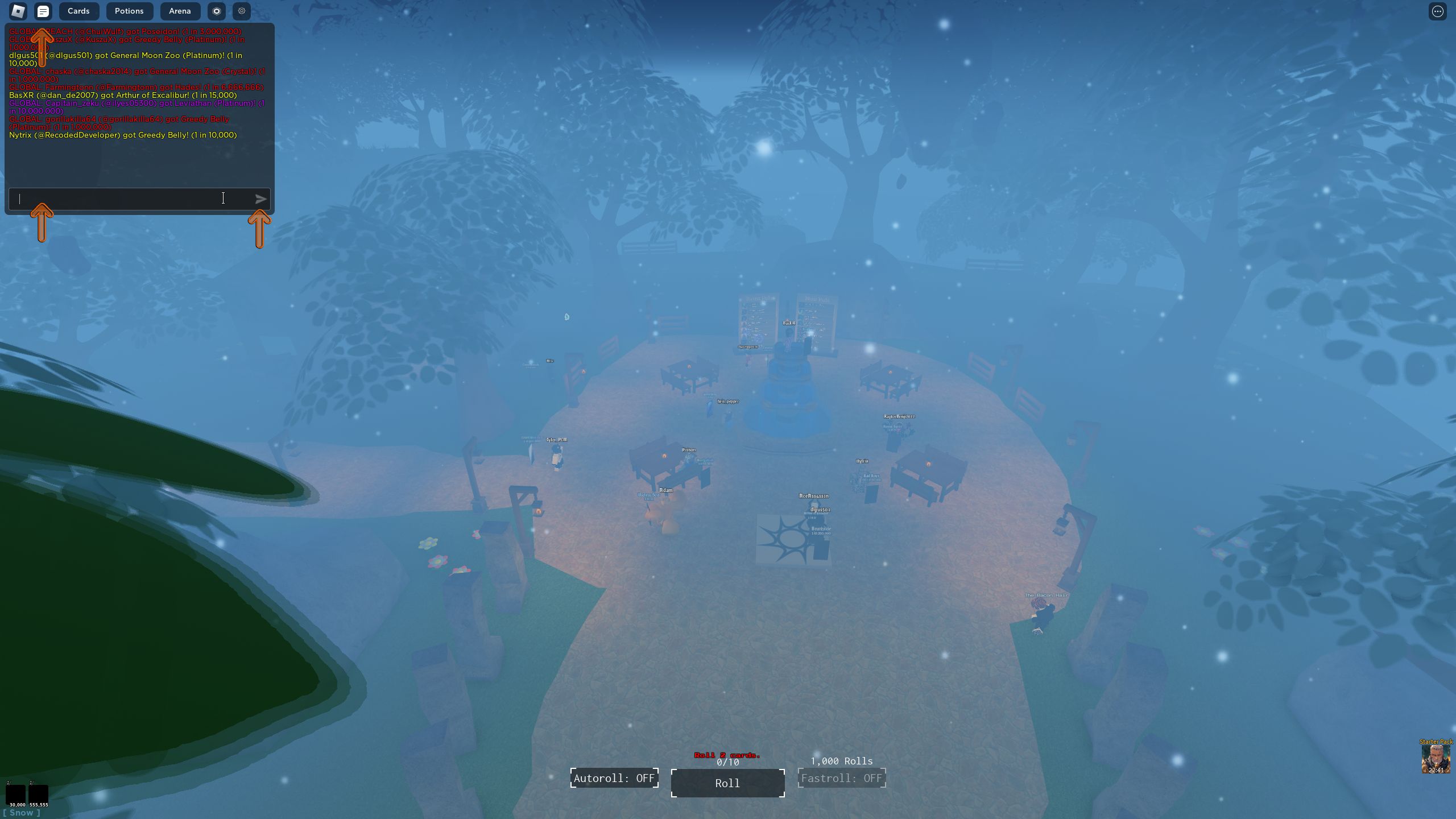 the first area from top-down while the chat box is open in Card RNG on Roblox