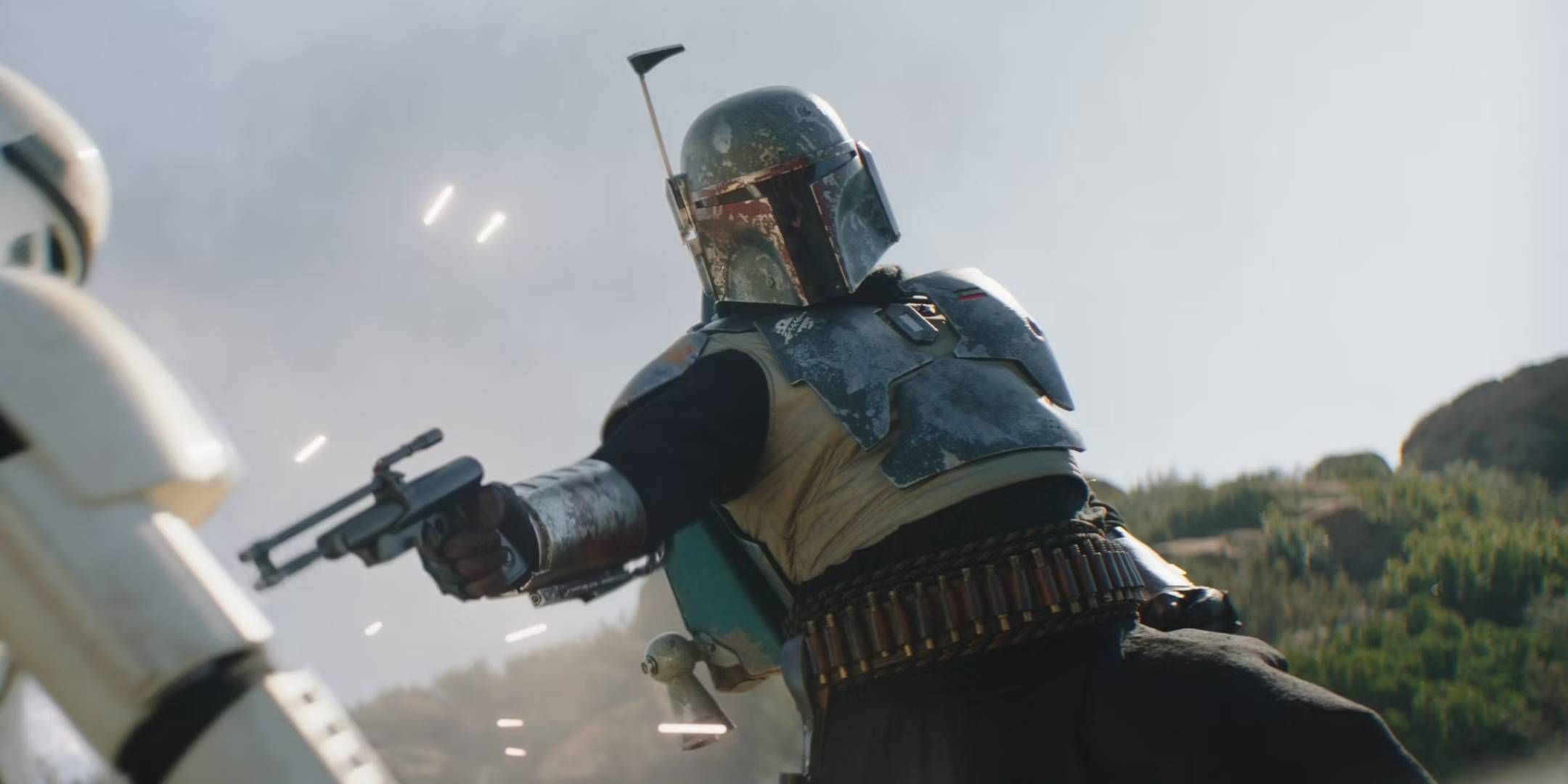 Star Wars - Boba Fett in his Mandalorian armor shooting a stormtrooper in The Mandalorian.