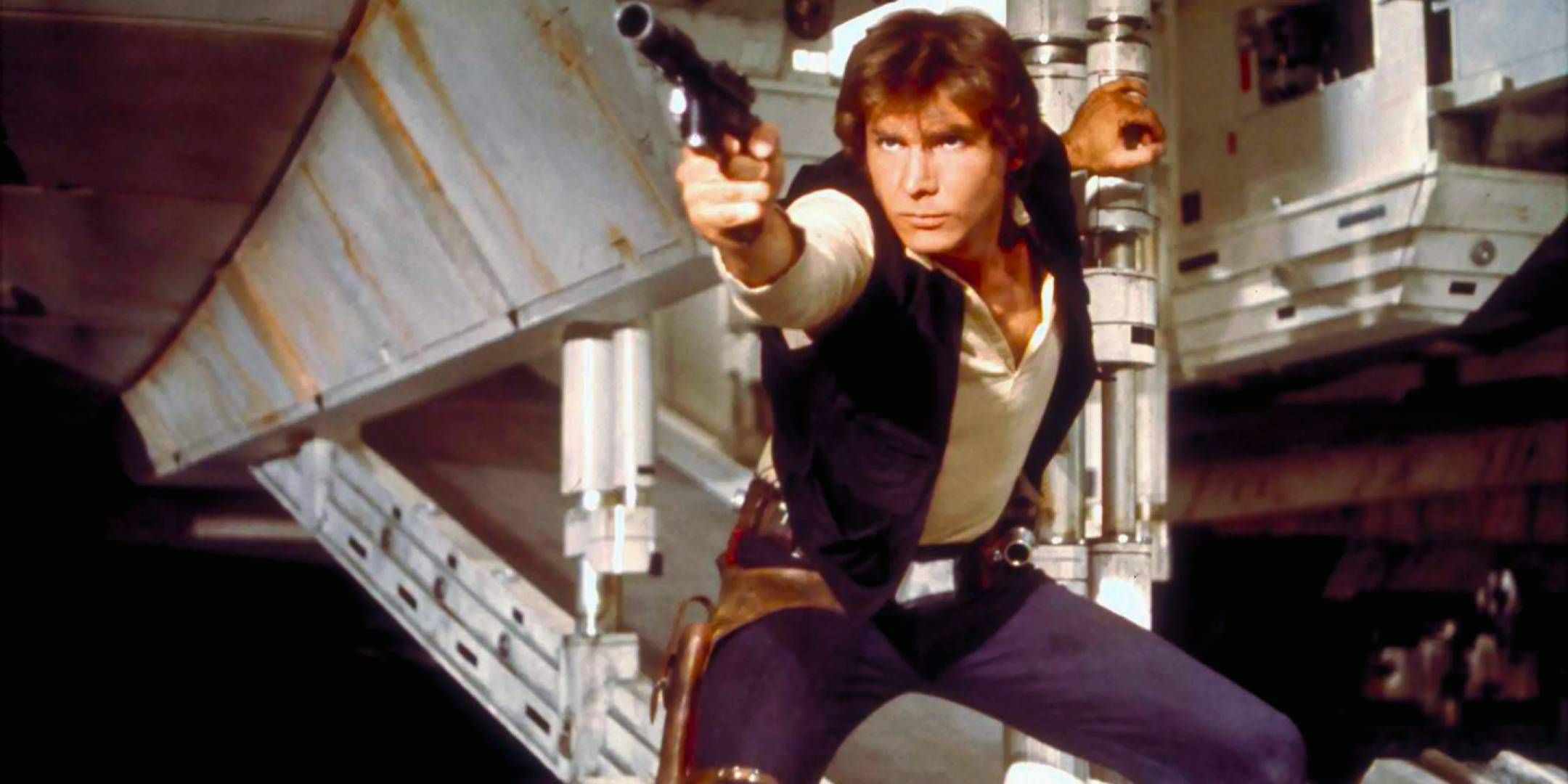 Star Wars - Han Solo pointing his DL-44 blaster gun outside of the Millennium Falcon in A New Hope