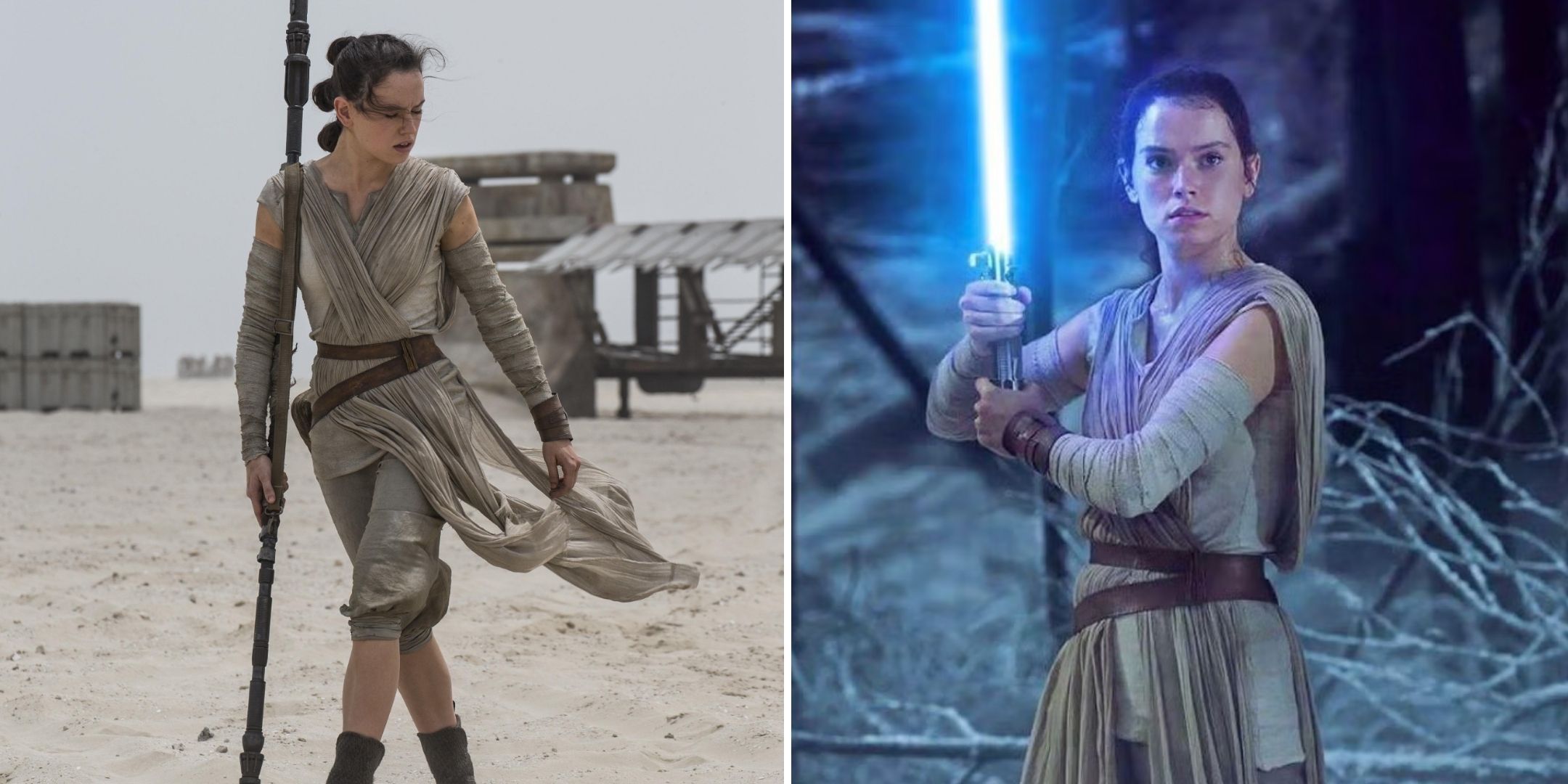 Star Wars - split image of Rey Skywalker walking on Jakku and holding a lightsaber in a forest in The Force Awakens