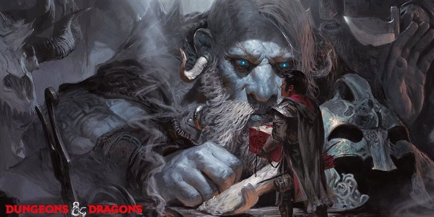 An adventurer faces down a giant, book in hand