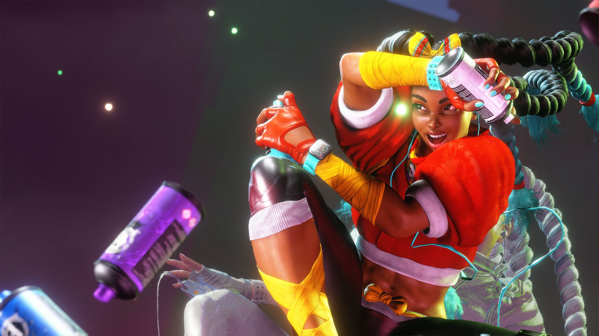 Kimberly from Street Fighter 6 flying up in the air holding her spray cans while smiling during her level three. 