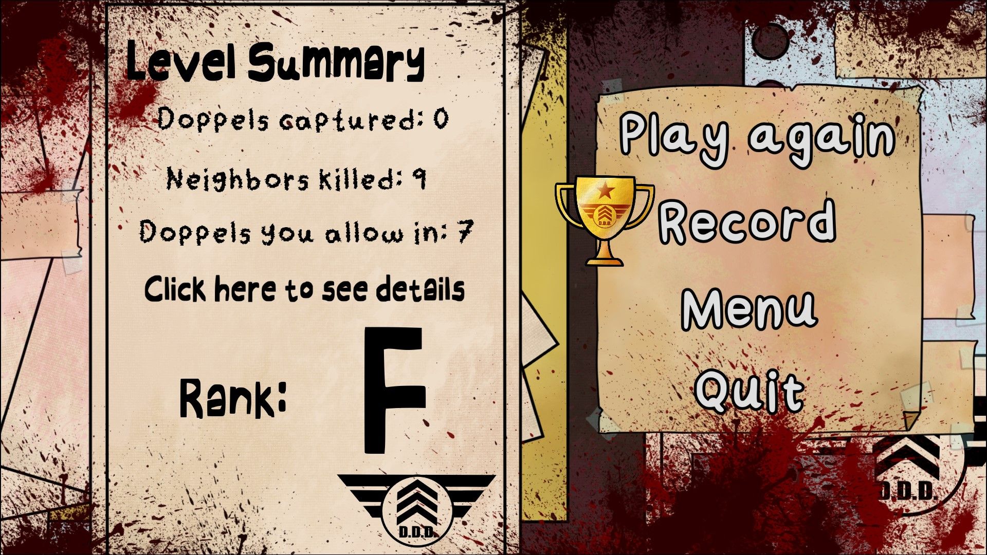 That's Not My Neighbor: An image of the F Rank level summary screen.