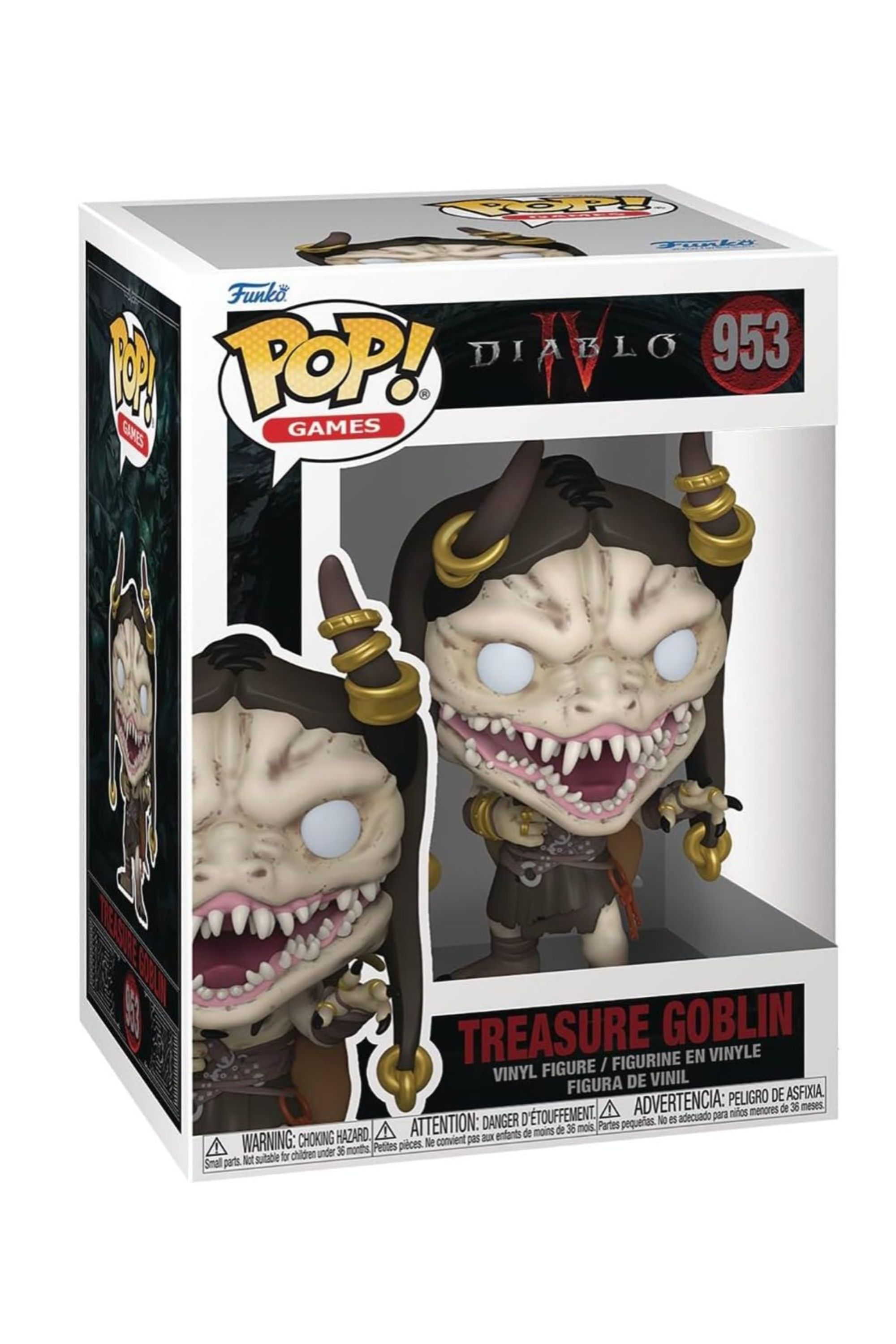 The Diablo 4 Treasure Goblin Funko Pop! figure still in its box against a white background.