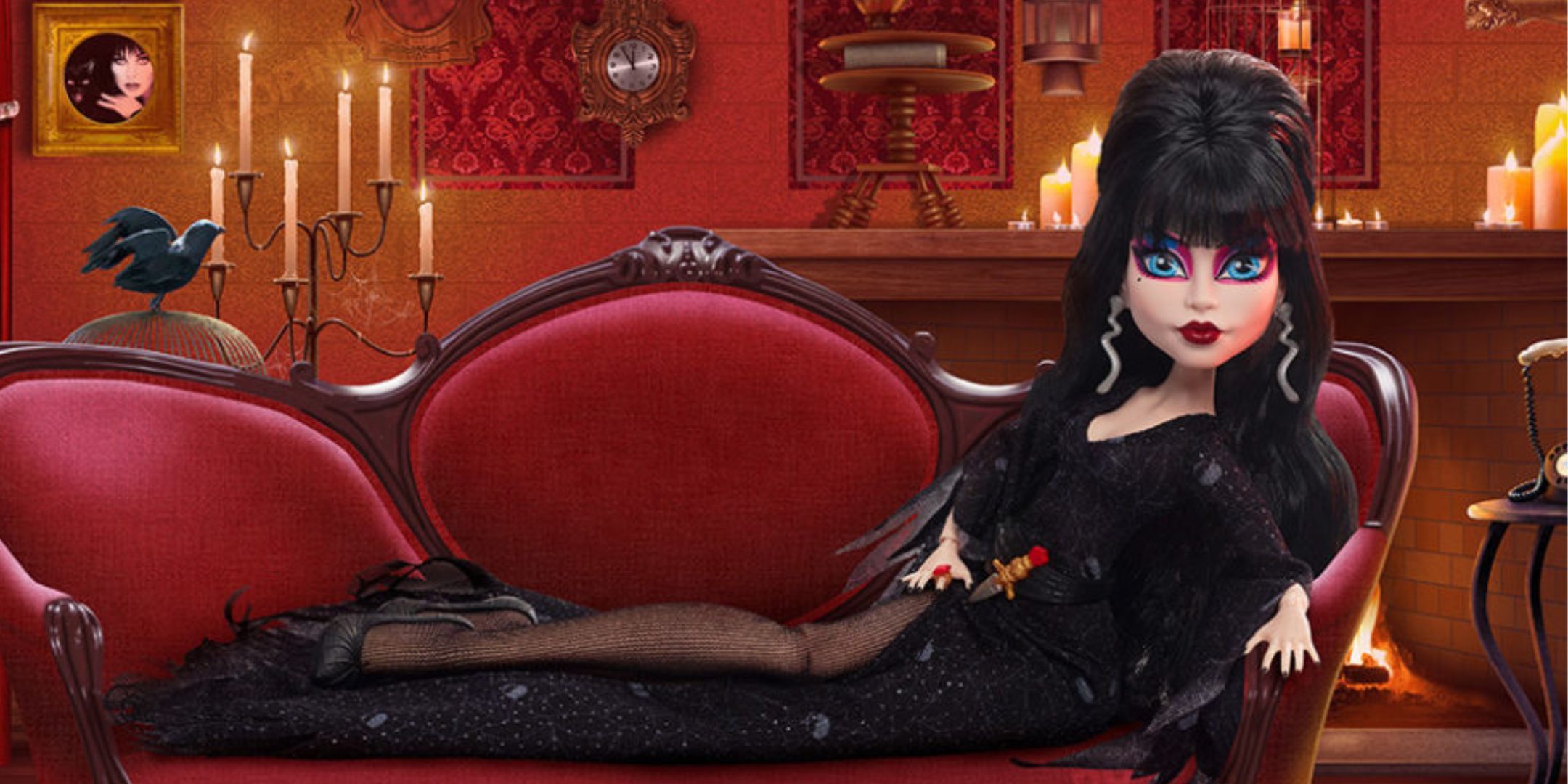 Elvira on a red couch