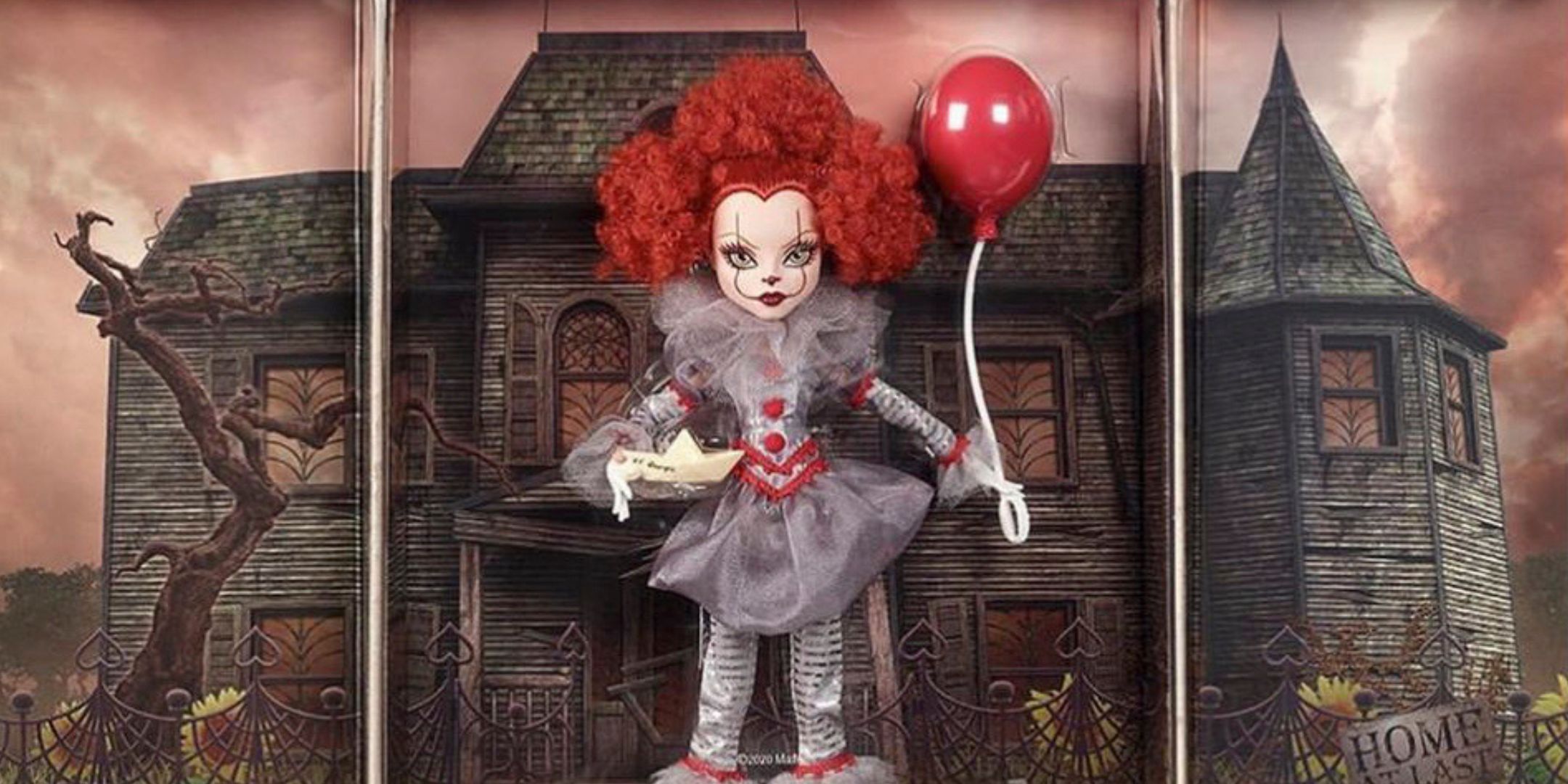 Pennywise, holding a red balloon, against an abandoned house
