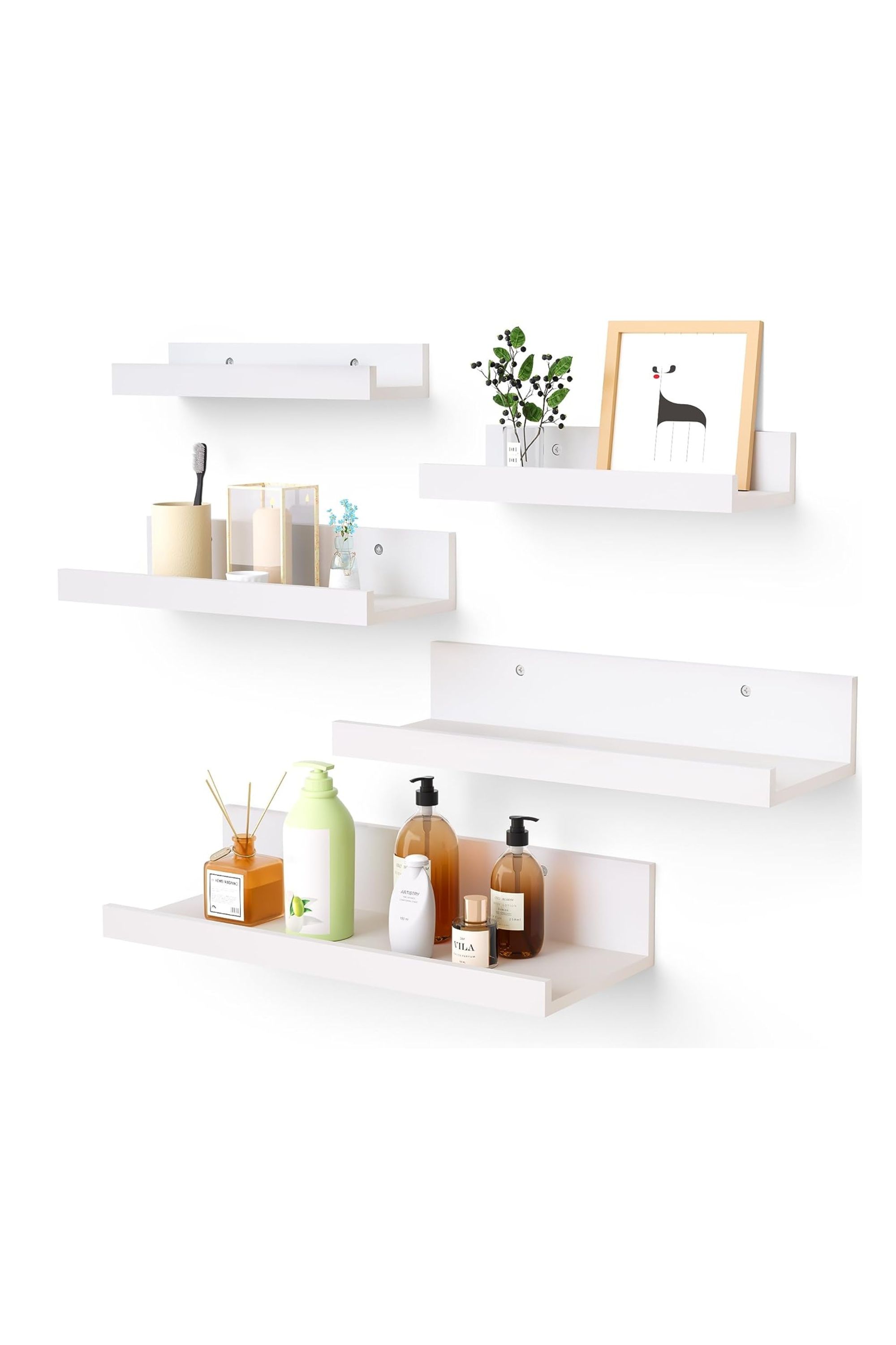 Five white Upsimples floating shelves mounted to a wall.