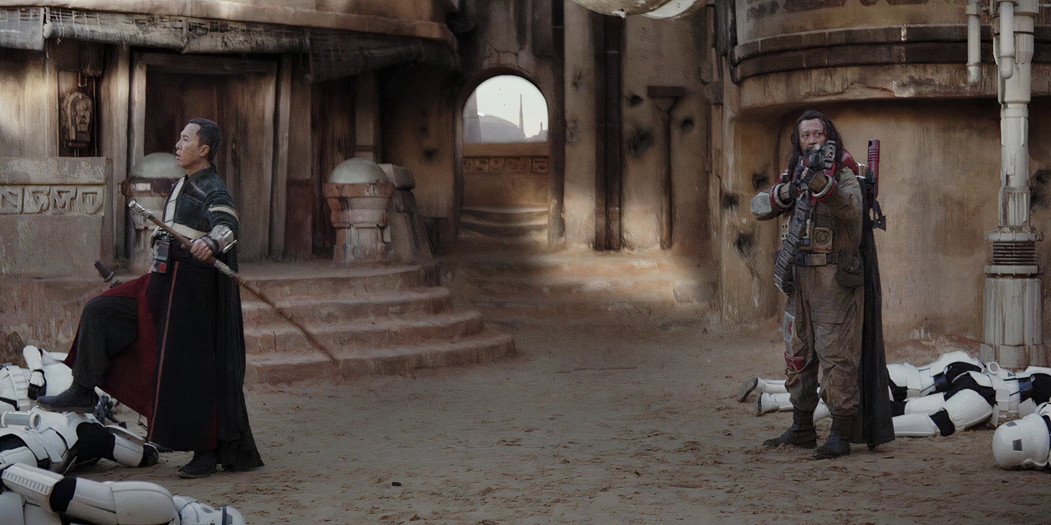 The Guardian of the Whills standing over fallen Stormtroopers in Rogue One